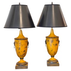 Pair of 1950s Yellow Tole Urn Lamps With Lion Mask Handles