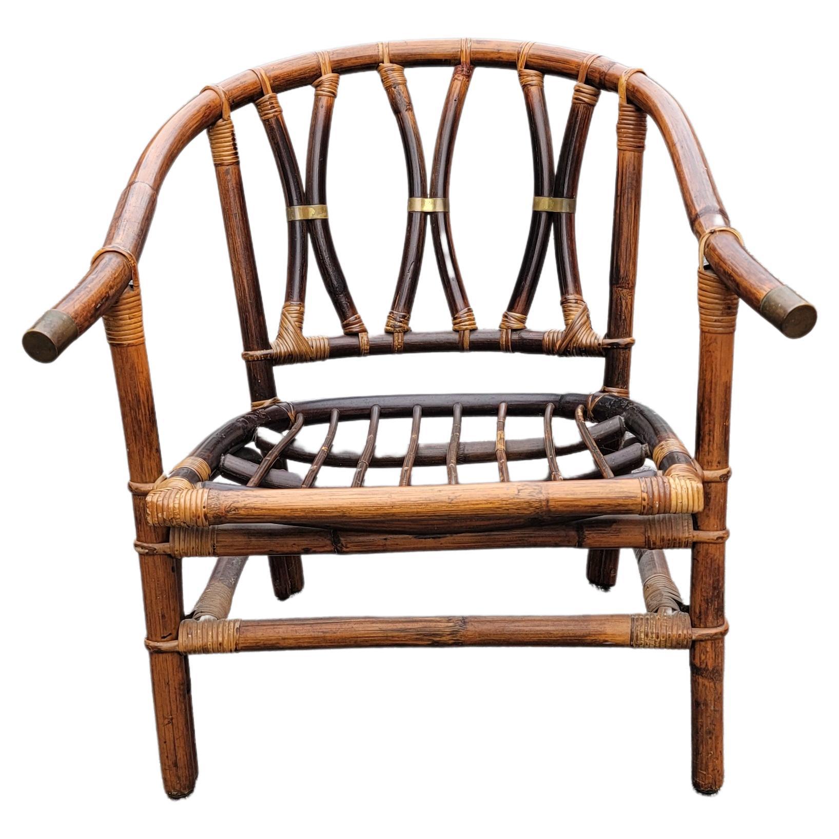 Hand-Crafted Pair of 1954 John Wisner for Ficks Reed Campaign Style Rattan Lounge Chairs For Sale