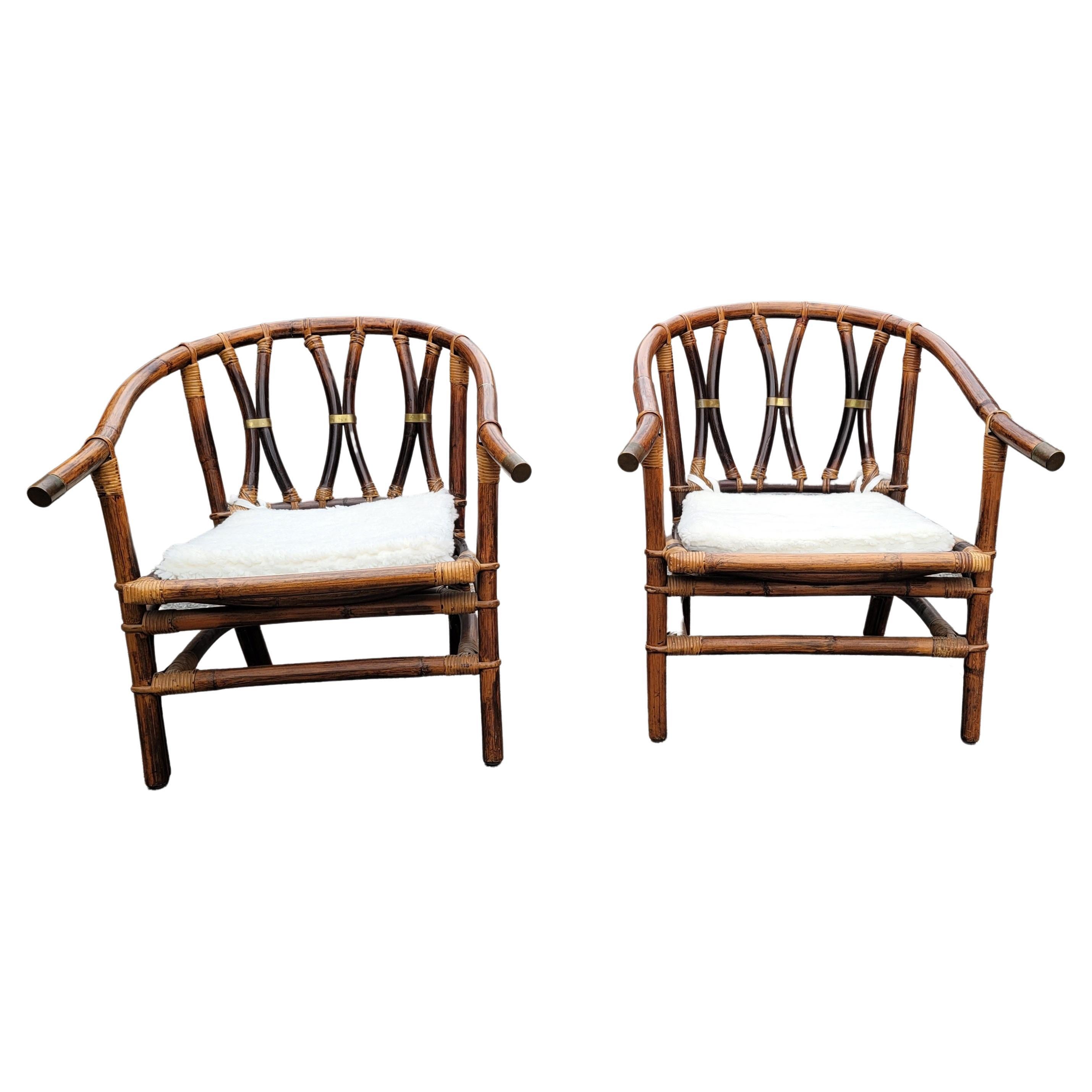 Pair of 1954 John Wisner for Ficks Reed Campaign Style Rattan Lounge Chairs