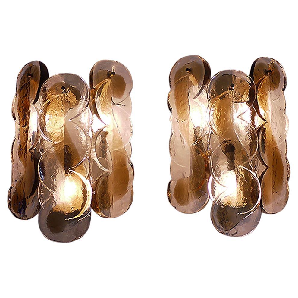 Pair of Amber Murano Citrus Swirl Wall Sconces Glass & Brass Kalmar Austria 1960