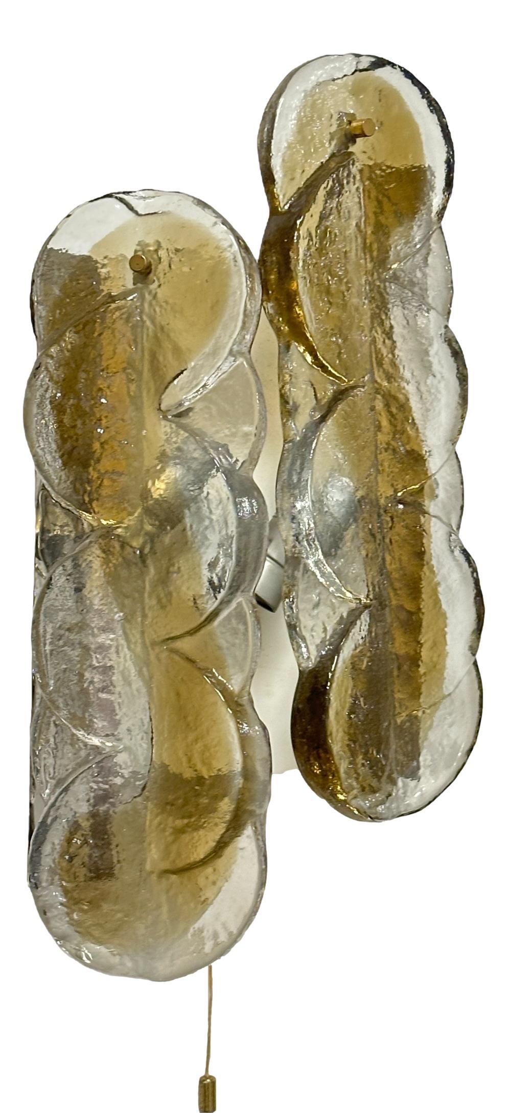 Pair of 1960 Austria Kalmar Swirl Citrus Wall Sconces Amber Murano Glass & Brass For Sale 3