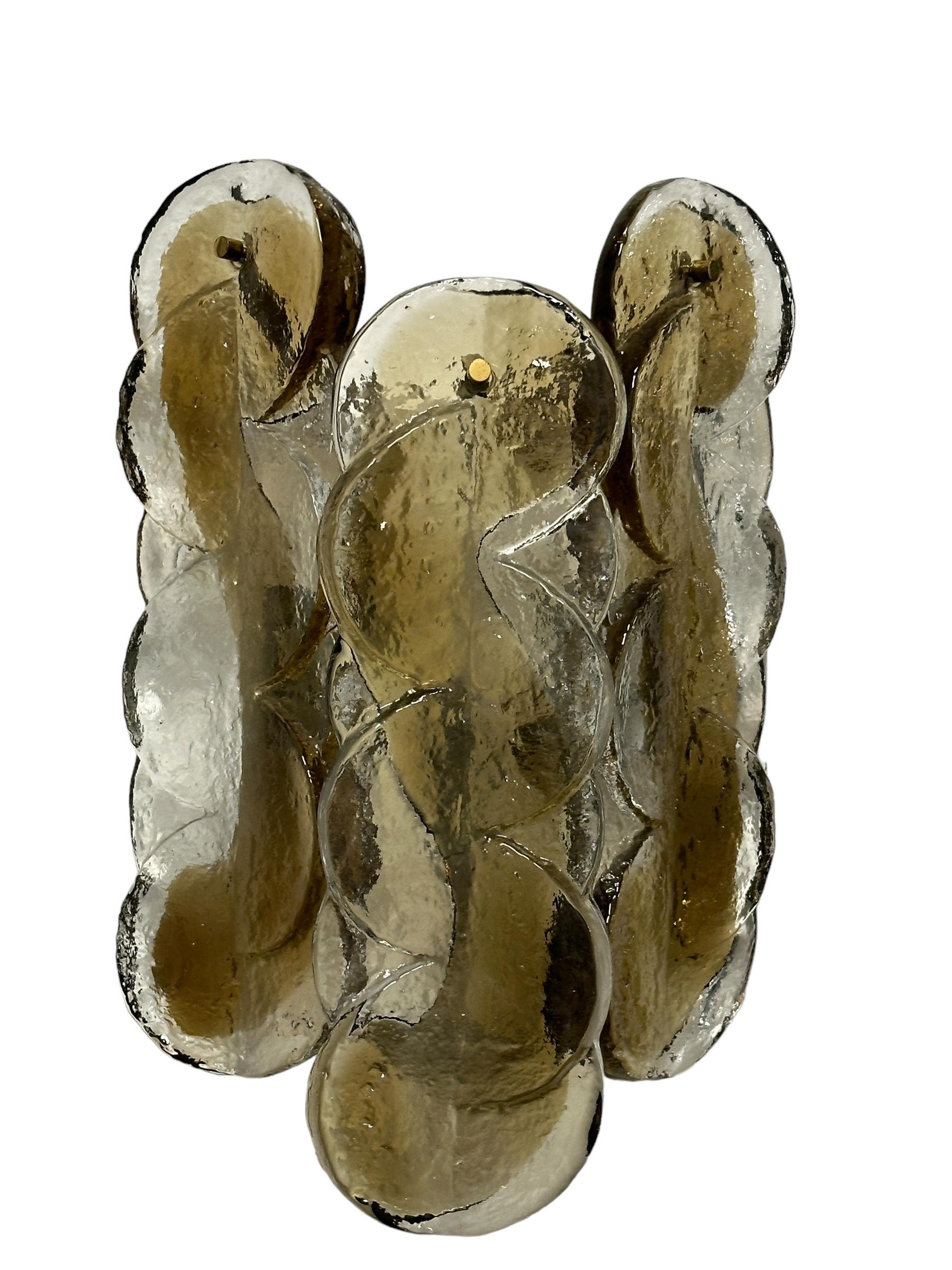 Pair of 1960 Austria Kalmar Swirl Citrus Wall Sconces Amber Murano Glass & Brass For Sale 3