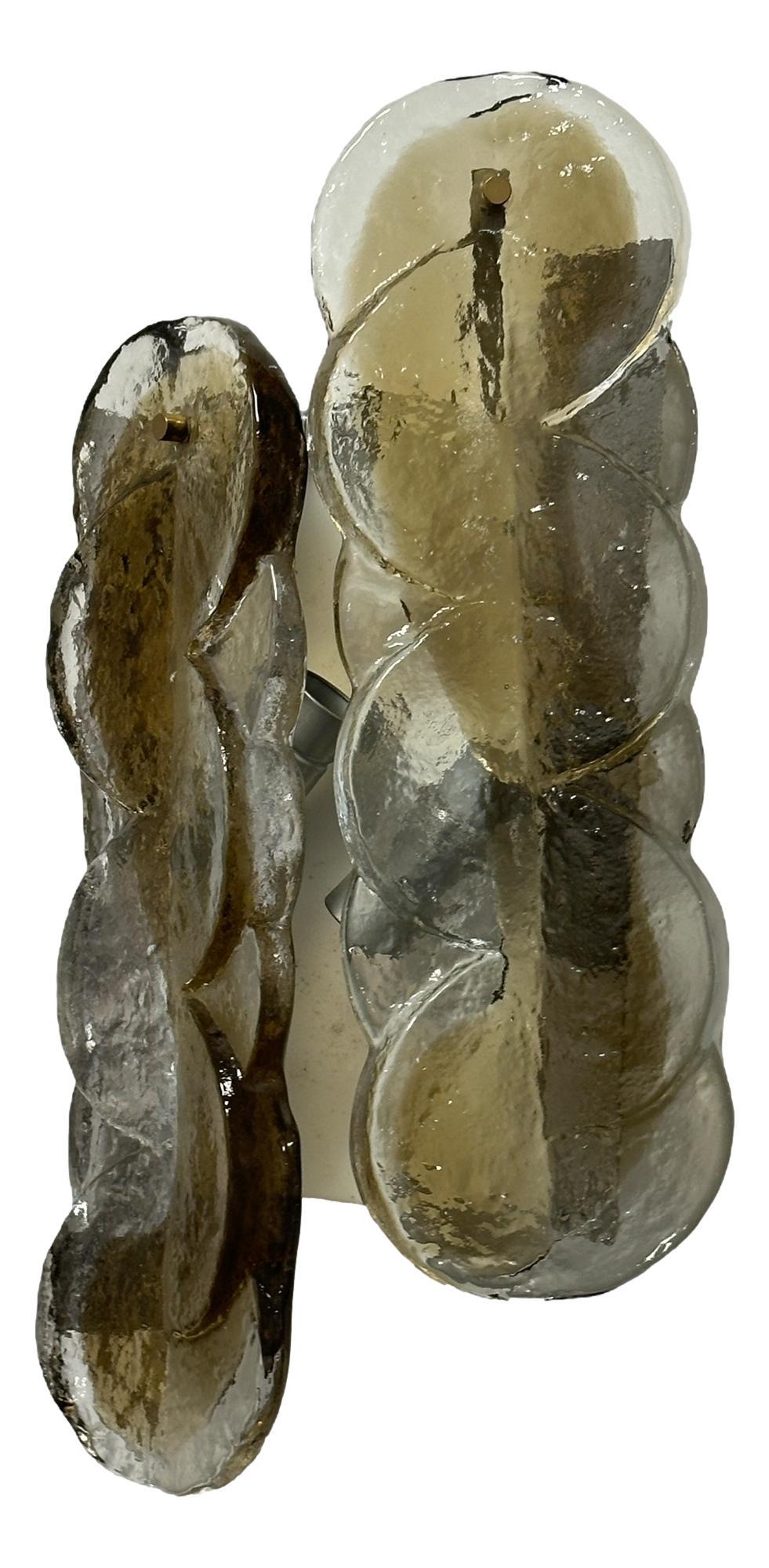 Pair of 1960 Austria Kalmar Swirl Citrus Wall Sconces Amber Murano Glass & Brass For Sale 4