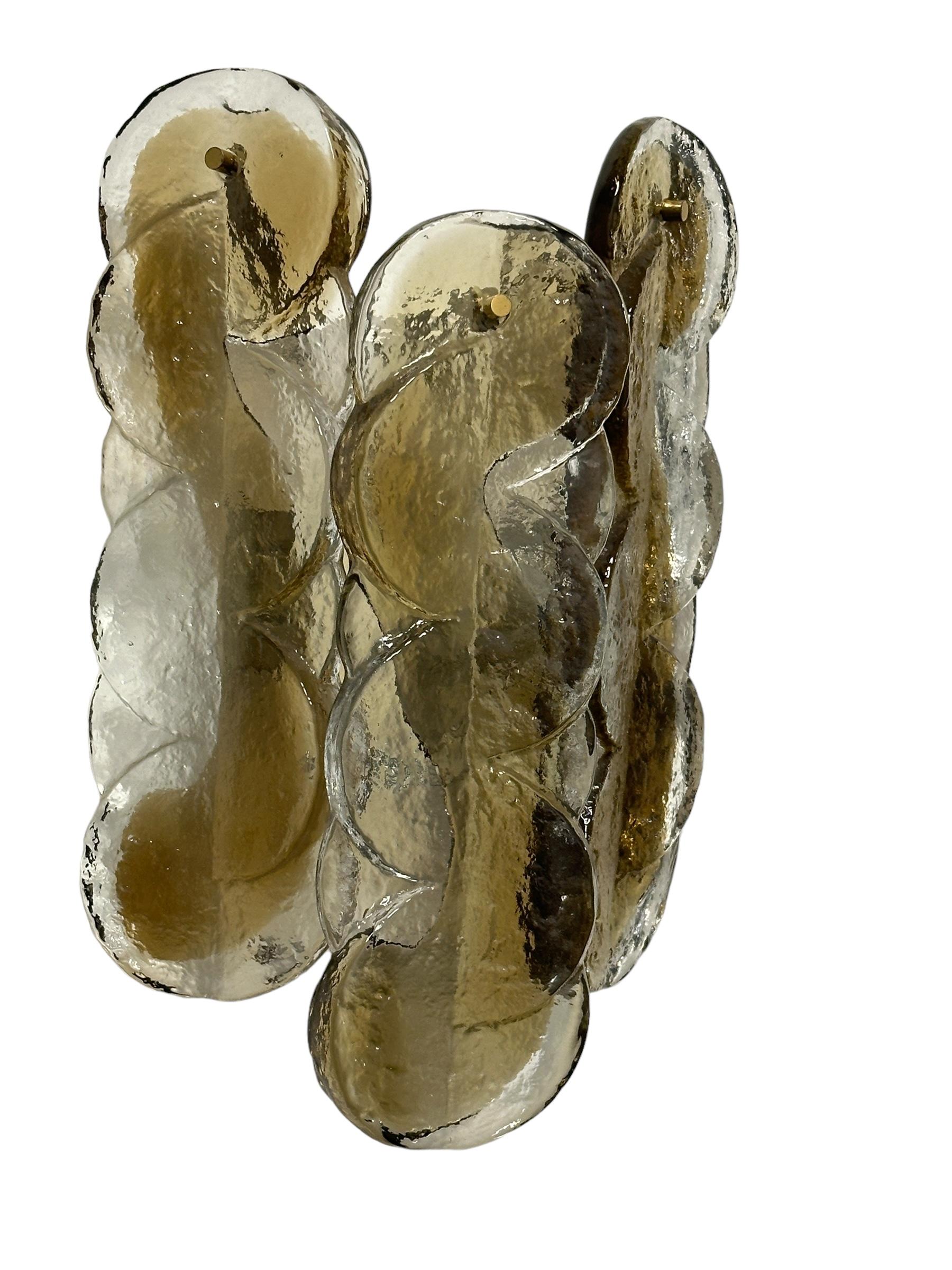 Pair of 1960 Austria Kalmar Swirl Citrus Wall Sconces Amber Murano Glass & Brass For Sale 4