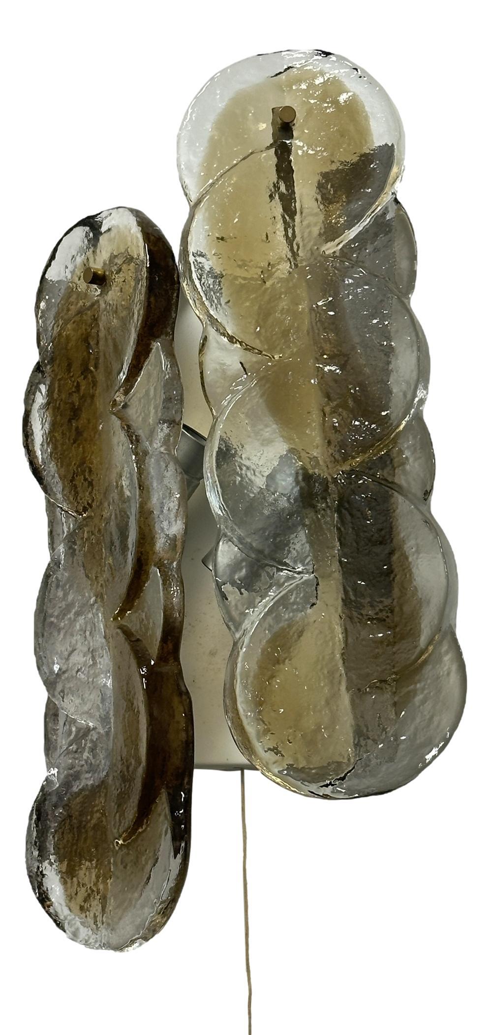 Pair of 1960 Austria Kalmar Swirl Citrus Wall Sconces Amber Murano Glass & Brass For Sale 5