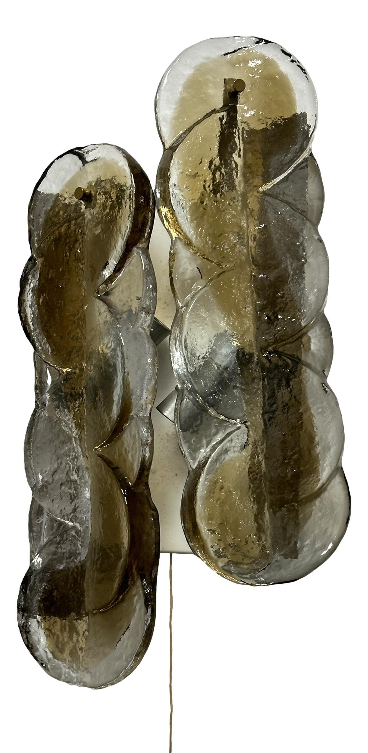 Pair of 1960 Austria Kalmar Swirl Citrus Wall Sconces Amber Murano Glass & Brass For Sale 8
