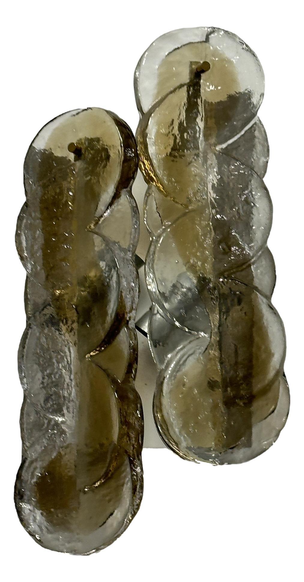 Mid-20th Century Pair of 1960 Austria Kalmar Swirl Citrus Wall Sconces Amber Murano Glass & Brass For Sale