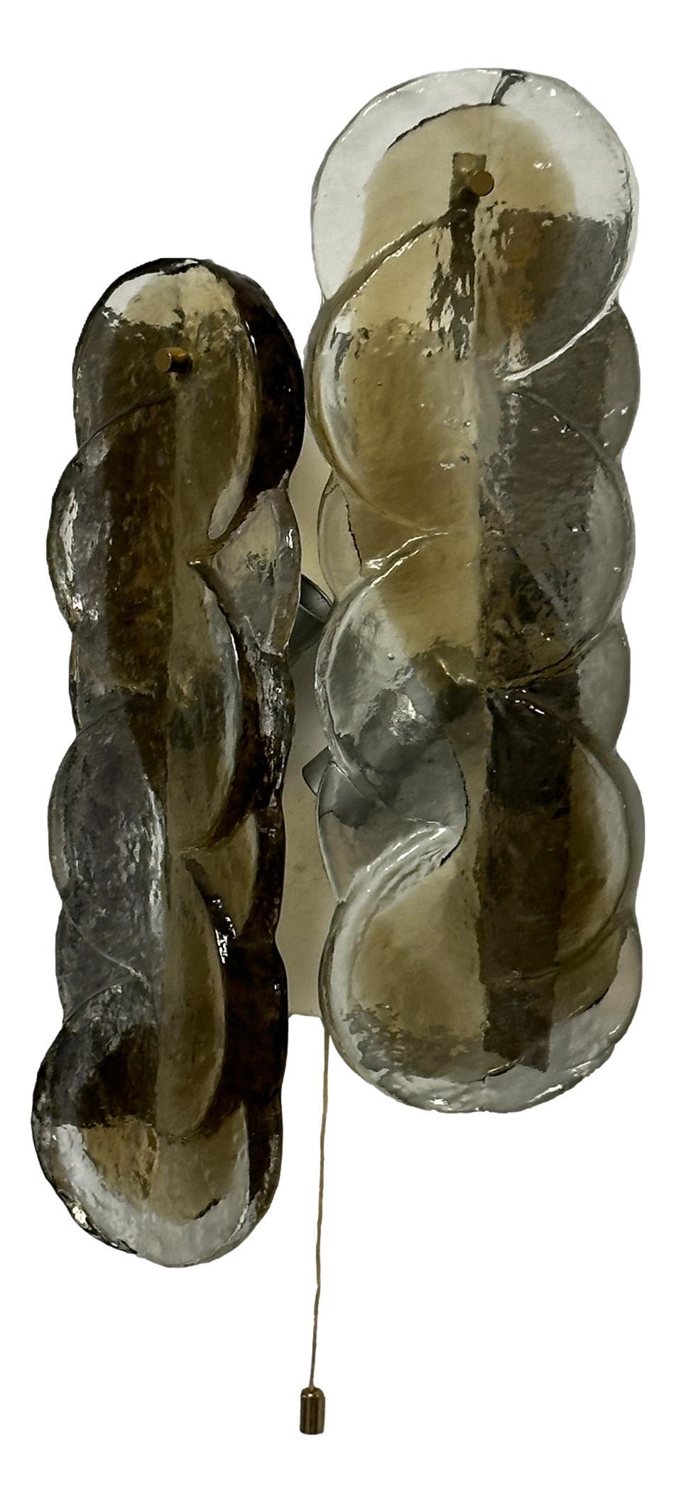 Pair of 1960 Austria Kalmar Swirl Citrus Wall Sconces Amber Murano Glass & Brass For Sale 1