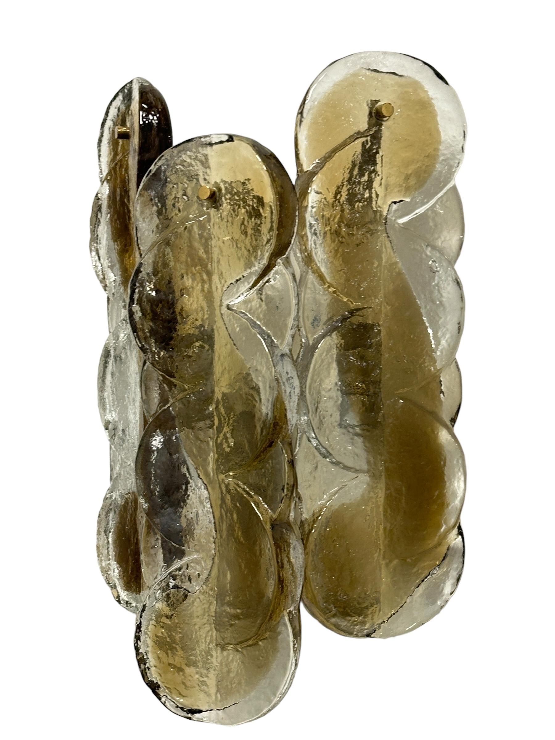 Pair of 1960 Austria Kalmar Swirl Citrus Wall Sconces Amber Murano Glass & Brass For Sale 2