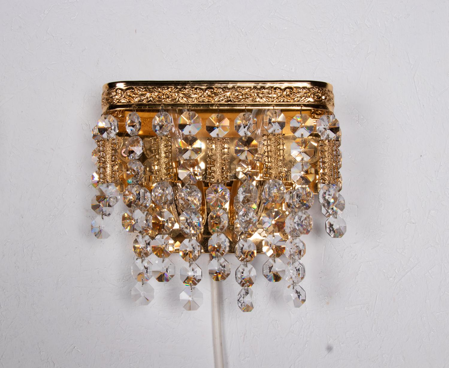 20th Century 1960 Germany Palwa Glamorous Jewel Wall Sconce Crystal & Gilt-Brass, Set of 2 For Sale