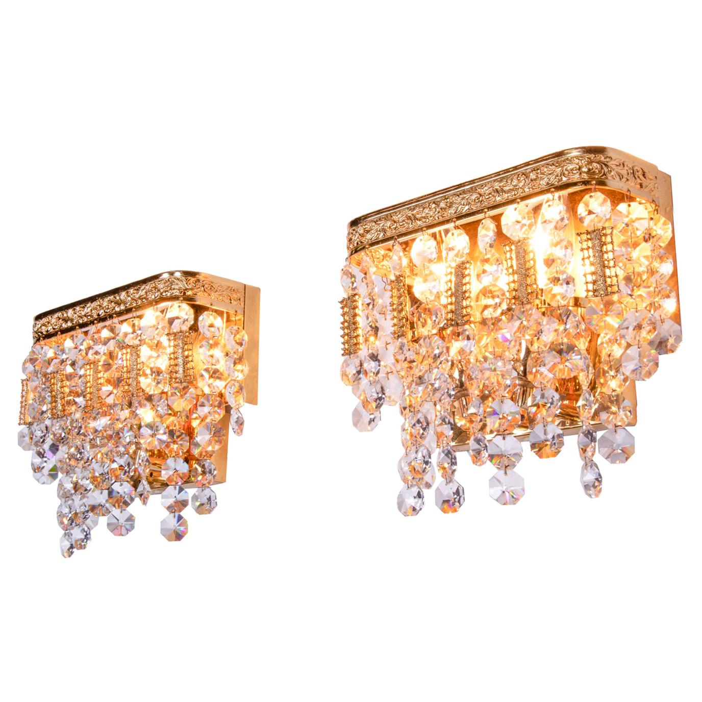 1960 Germany Palwa Glamorous Jewel Wall Sconce Crystal & Gilt-Brass, Set of 2