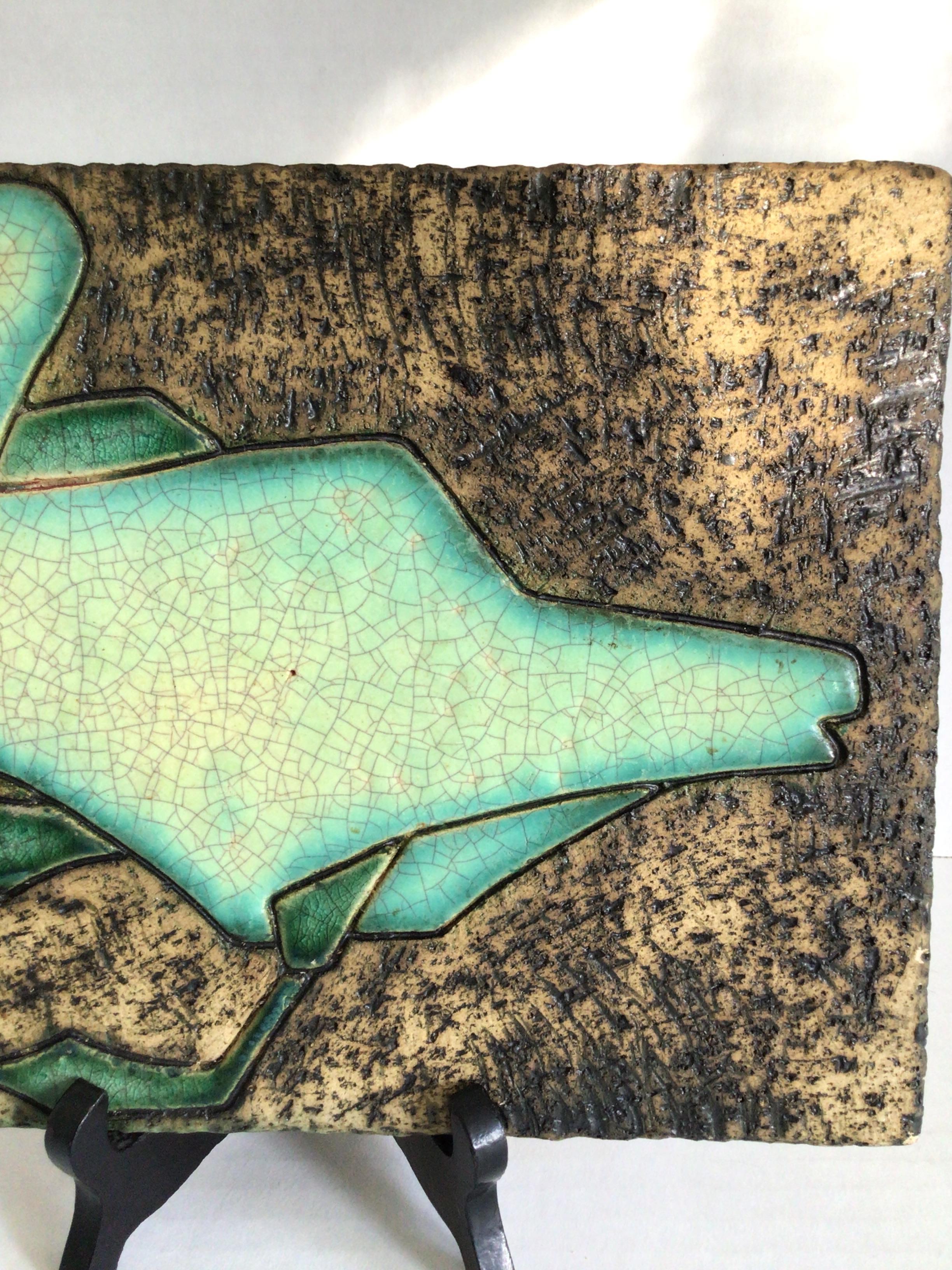 Pair of 1960 Glazed Ceramic Plaques with Bird Motif For Sale 4