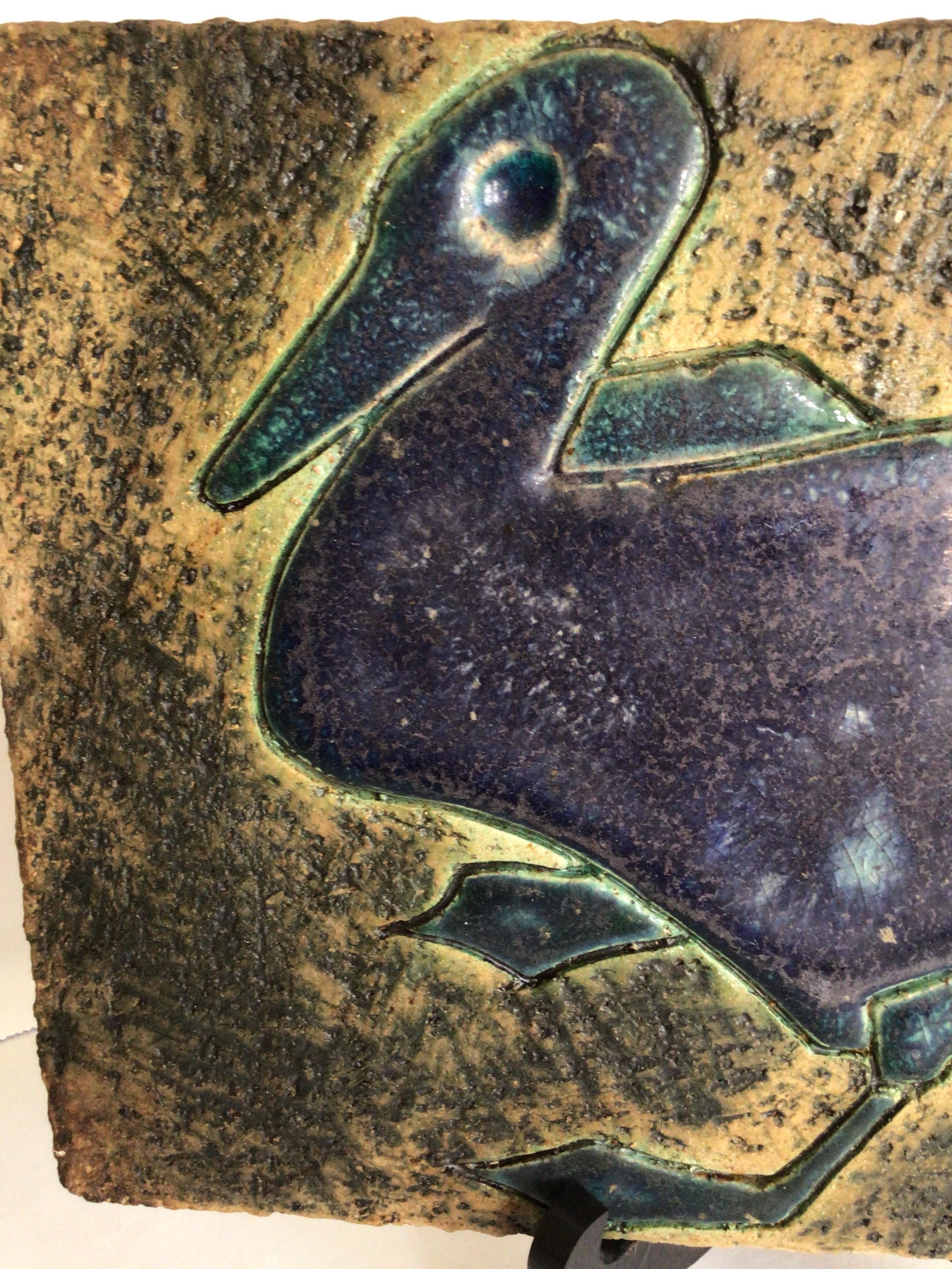 Mid-Century Modern Pair of 1960 Glazed Ceramic Plaques with Bird Motif For Sale