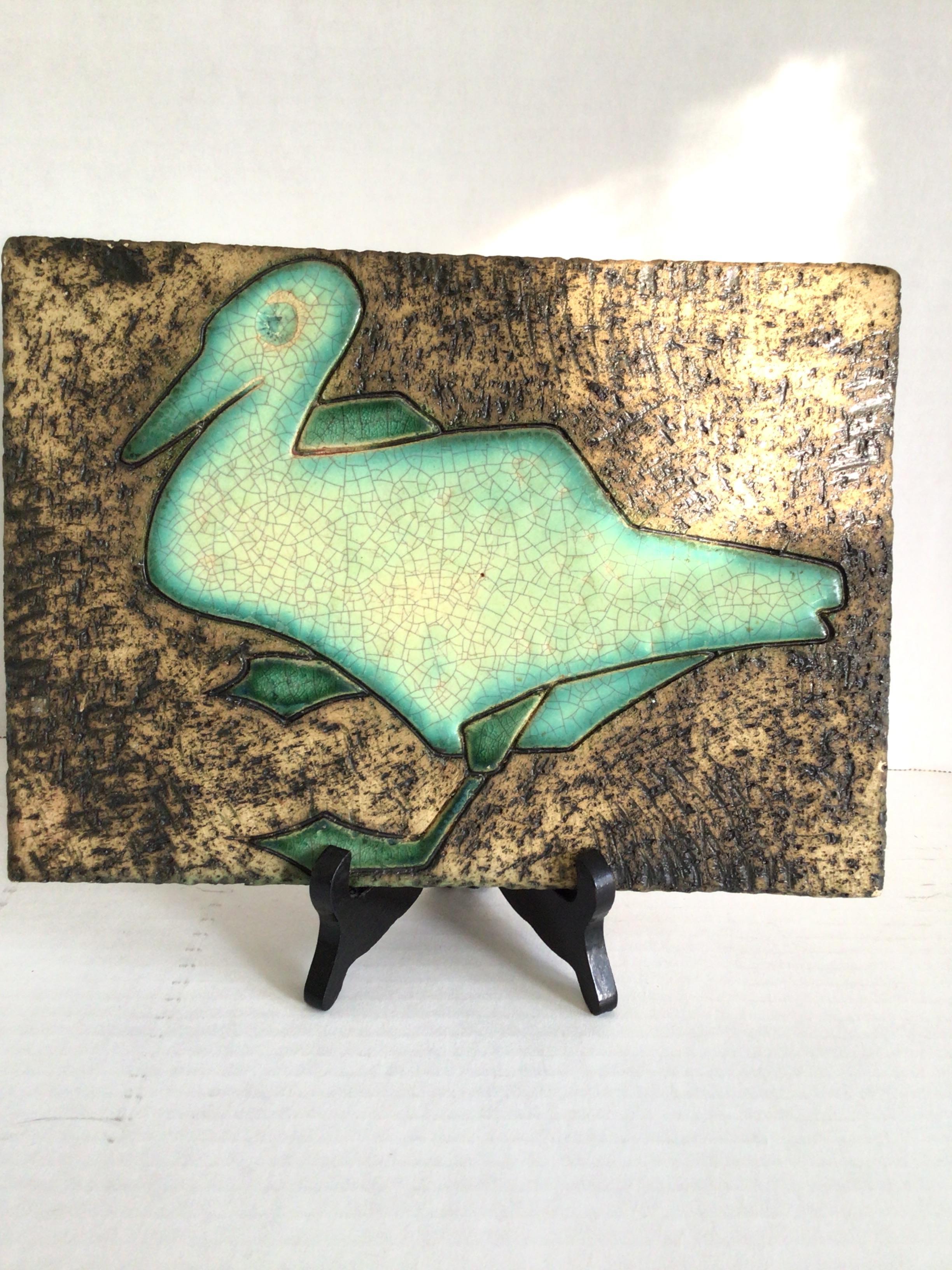 Pair of 1960 Glazed Ceramic Plaques with Bird Motif For Sale 2