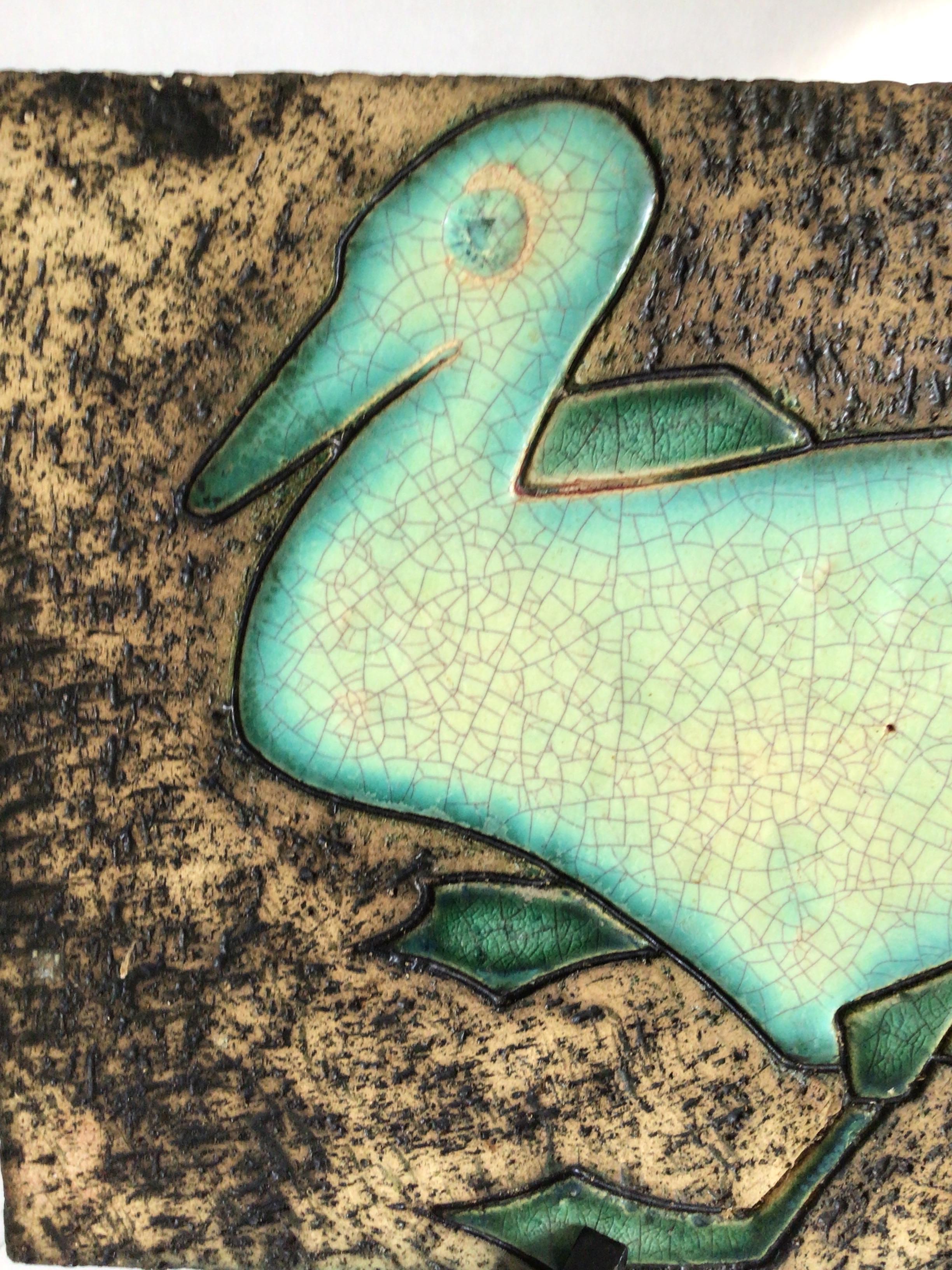 Pair of 1960 Glazed Ceramic Plaques with Bird Motif For Sale 3