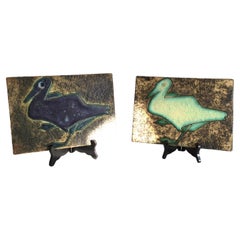 Paar glasierte Keramikplaketten mit Vogelmotiv von 1960