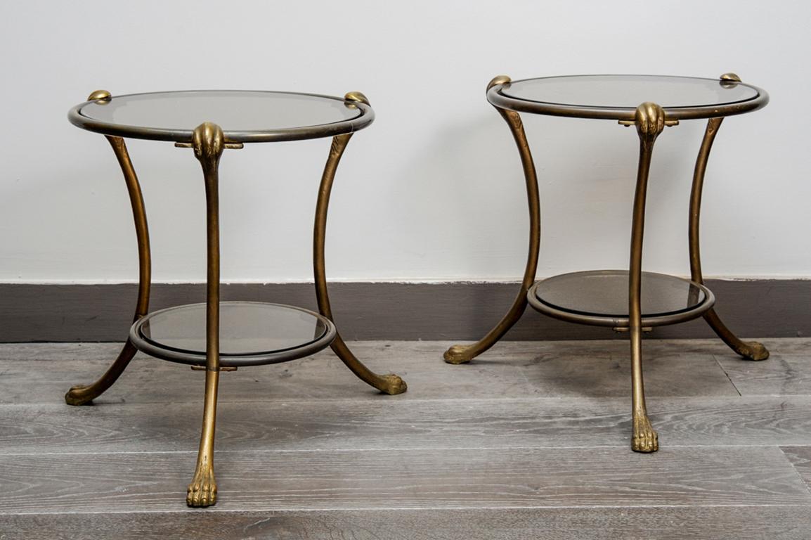 Elegant pair of side tables with top glass, brass with neoclassic elements,
circa 1960.