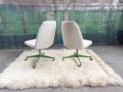 Pair of 1960s Accent Side Office Rolling Chairs With Green Metal Base With Caste