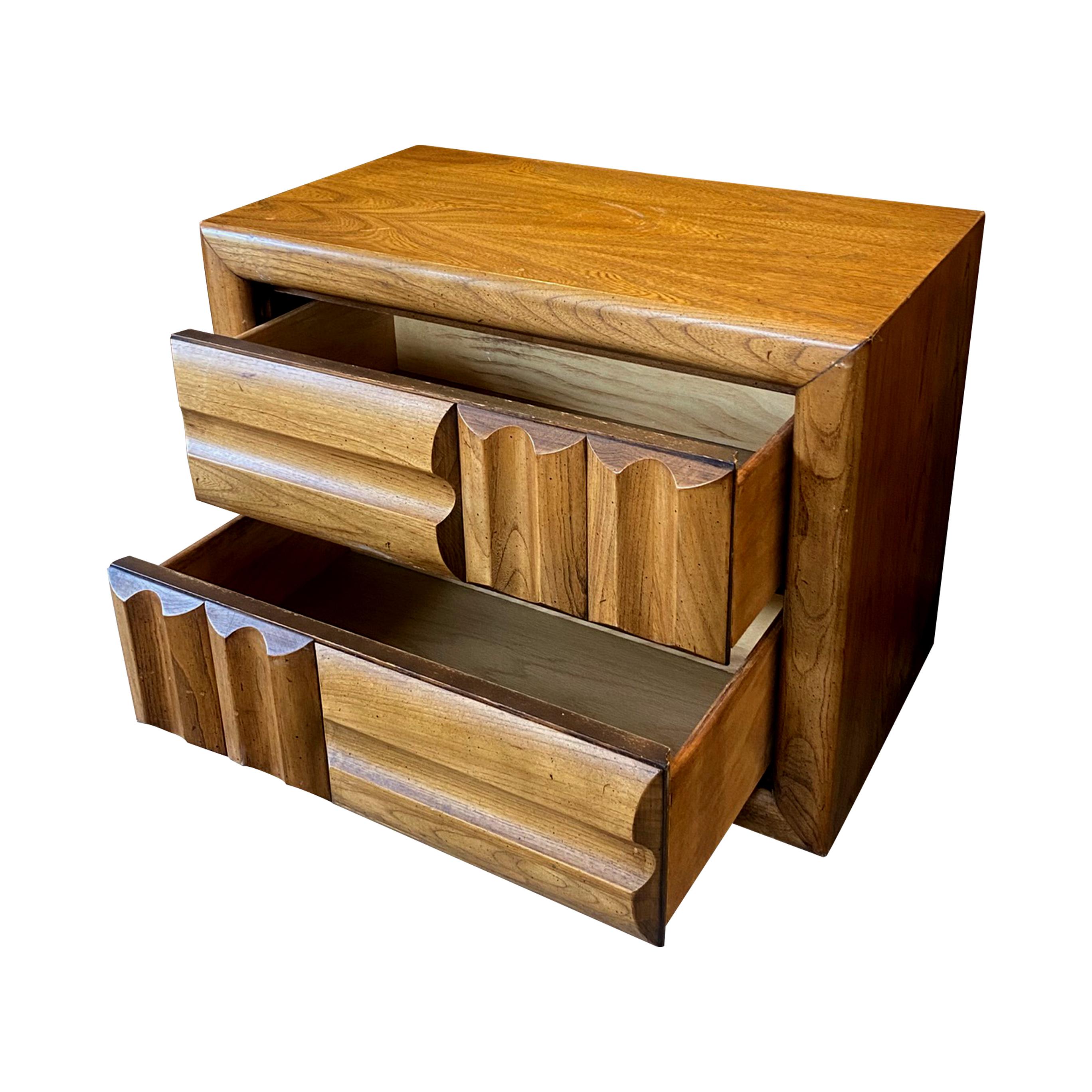 Mid-20th Century Pair of 1960s American “Brutalist” Geometric Walnut Bedside/End Tables by Lane