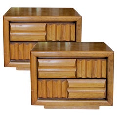 Pair of 1960s American “Brutalist” Geometric Walnut Bedside/End Tables by Lane