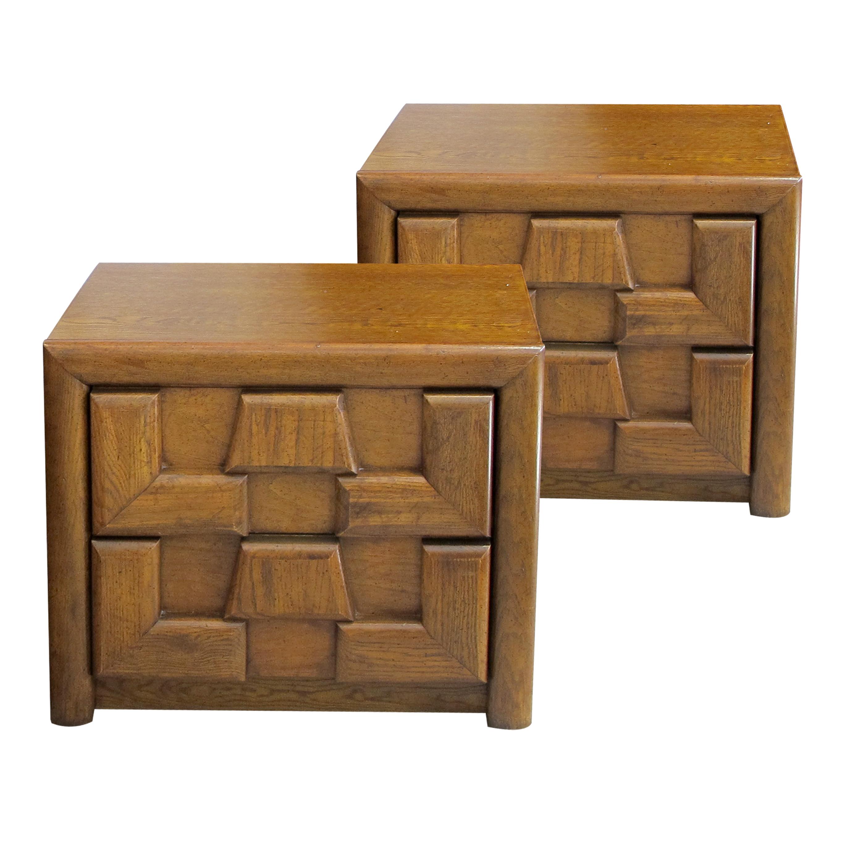 Pair of 1960s American Brutalist Walnut Two Drawer Bedside/End Tables by Lane  In Good Condition In London, GB