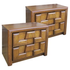 Pair of 1960s American Brutalist Walnut Two Drawer Bedside/End Tables by Lane 