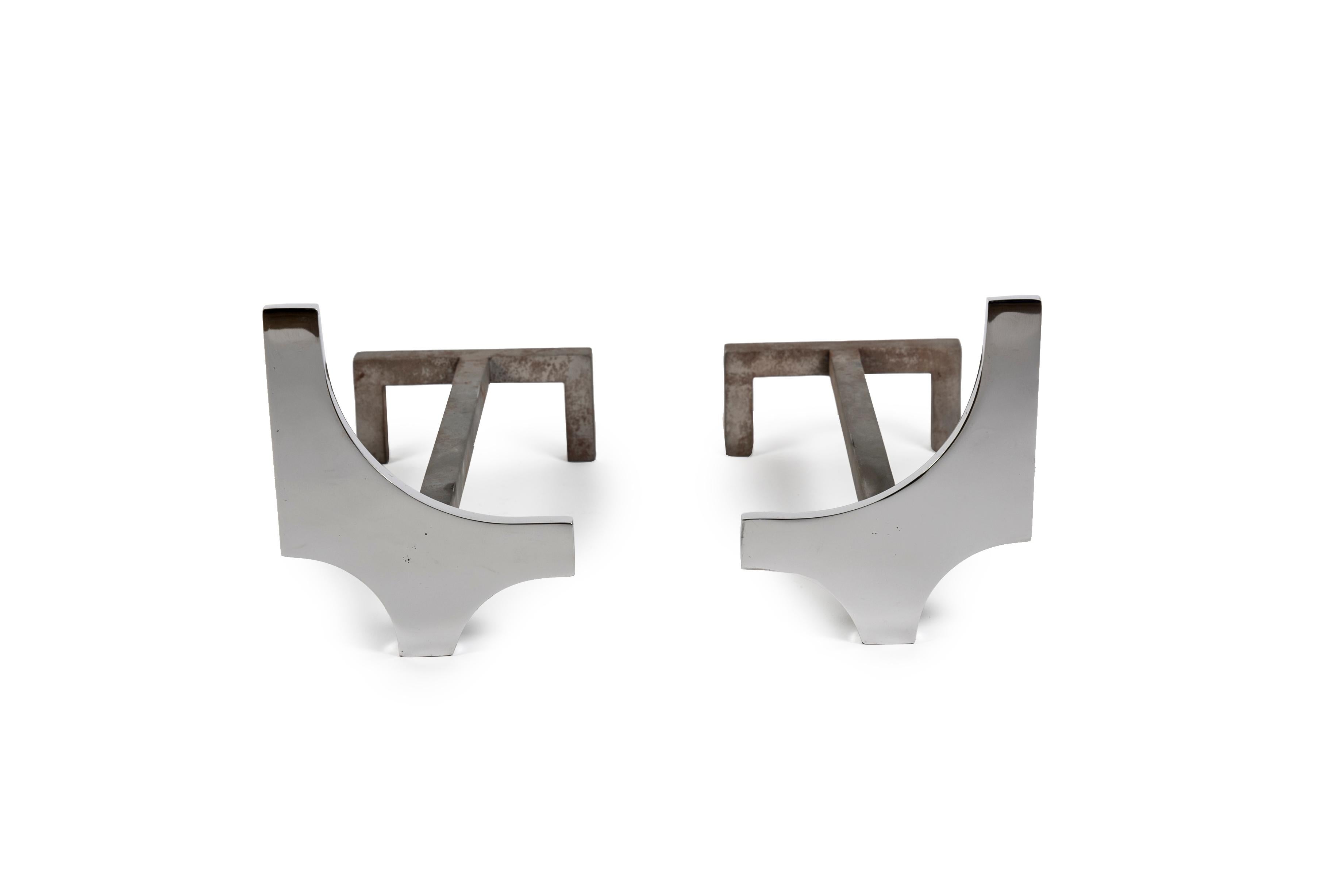 1960's polished abstract metal andirons 
France.
  