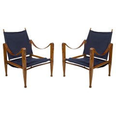 Pair of 1960s Armchairs in Oak, Leather and Canvas.