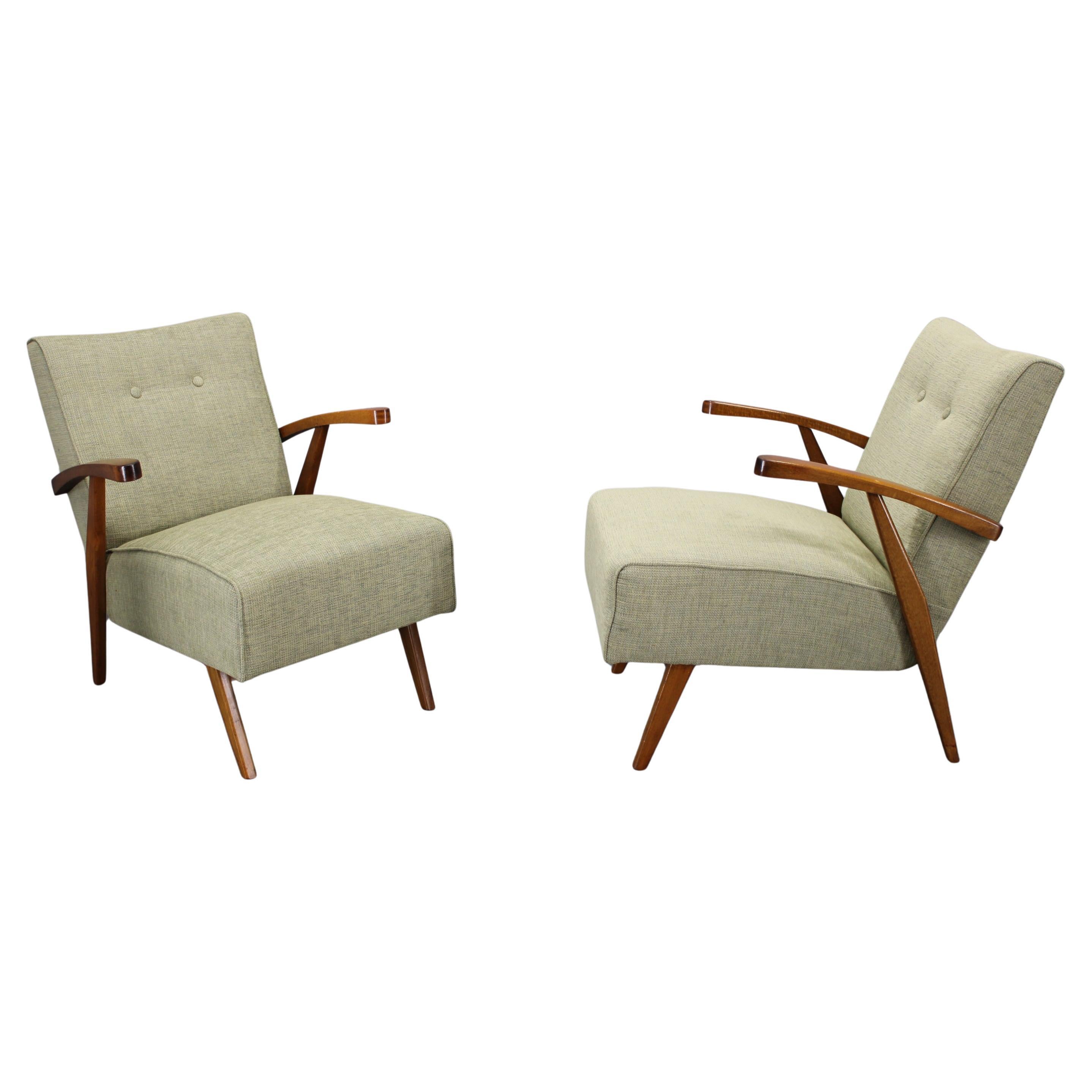 Pair of 1960s Armchairs in Solid Beech, Restored and Newly Upholstered