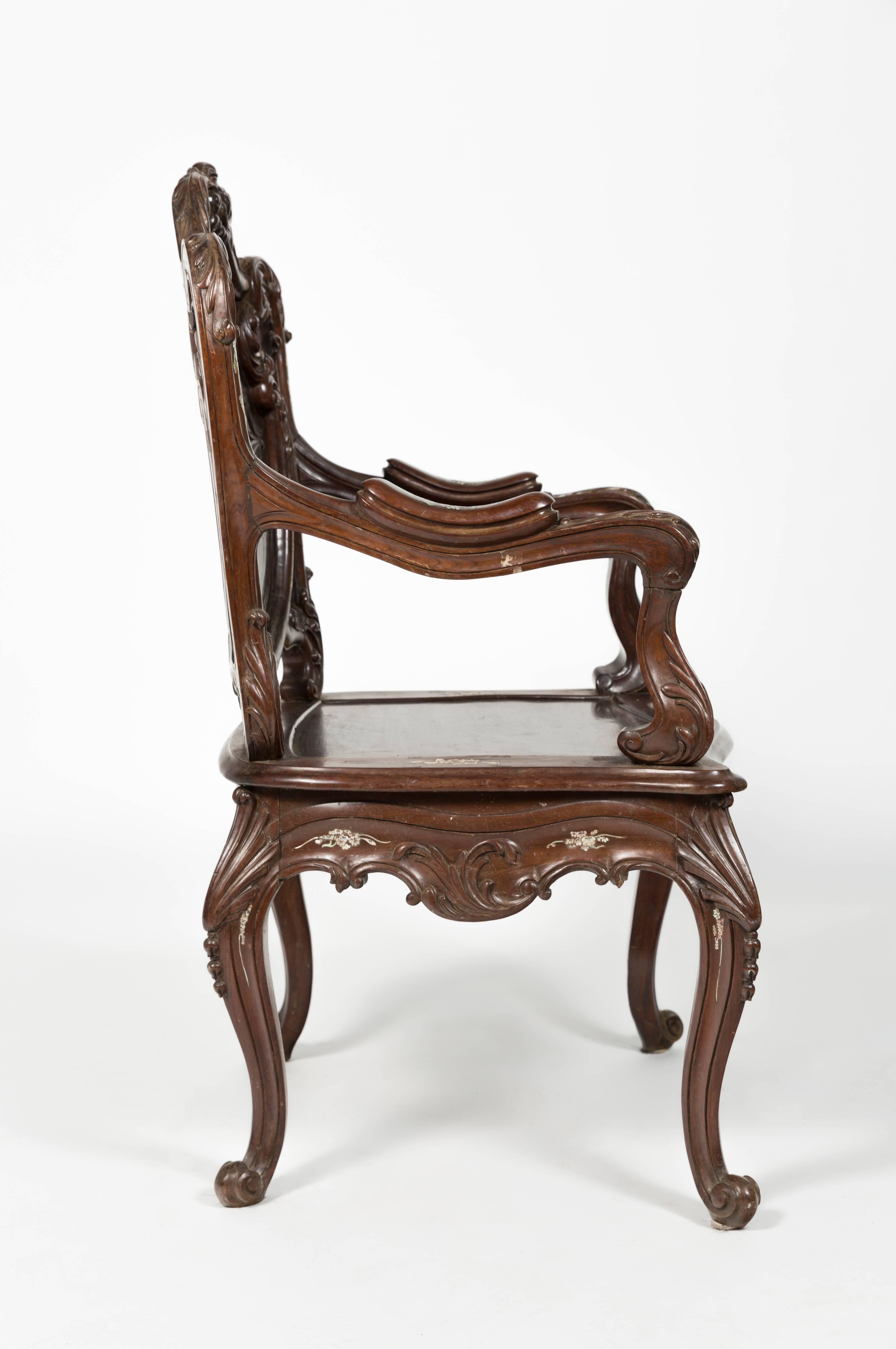 Pair of 1960s Asian Carved Rosewood Chairs with Mother-of-Pearl Inlay In Good Condition In Tarrytown, NY