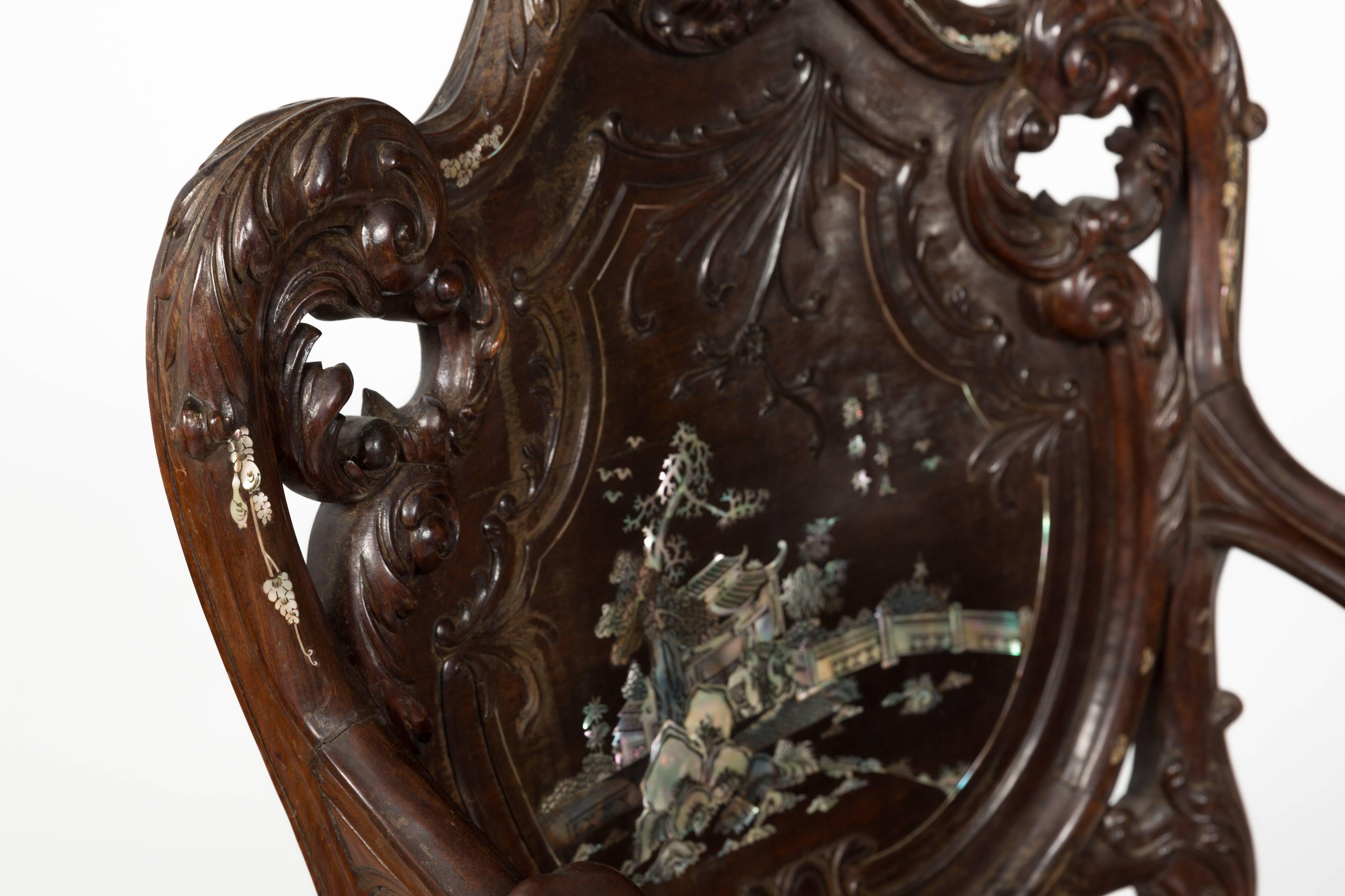 Pair of 1960s Asian Carved Rosewood Chairs with Mother-of-Pearl Inlay 5