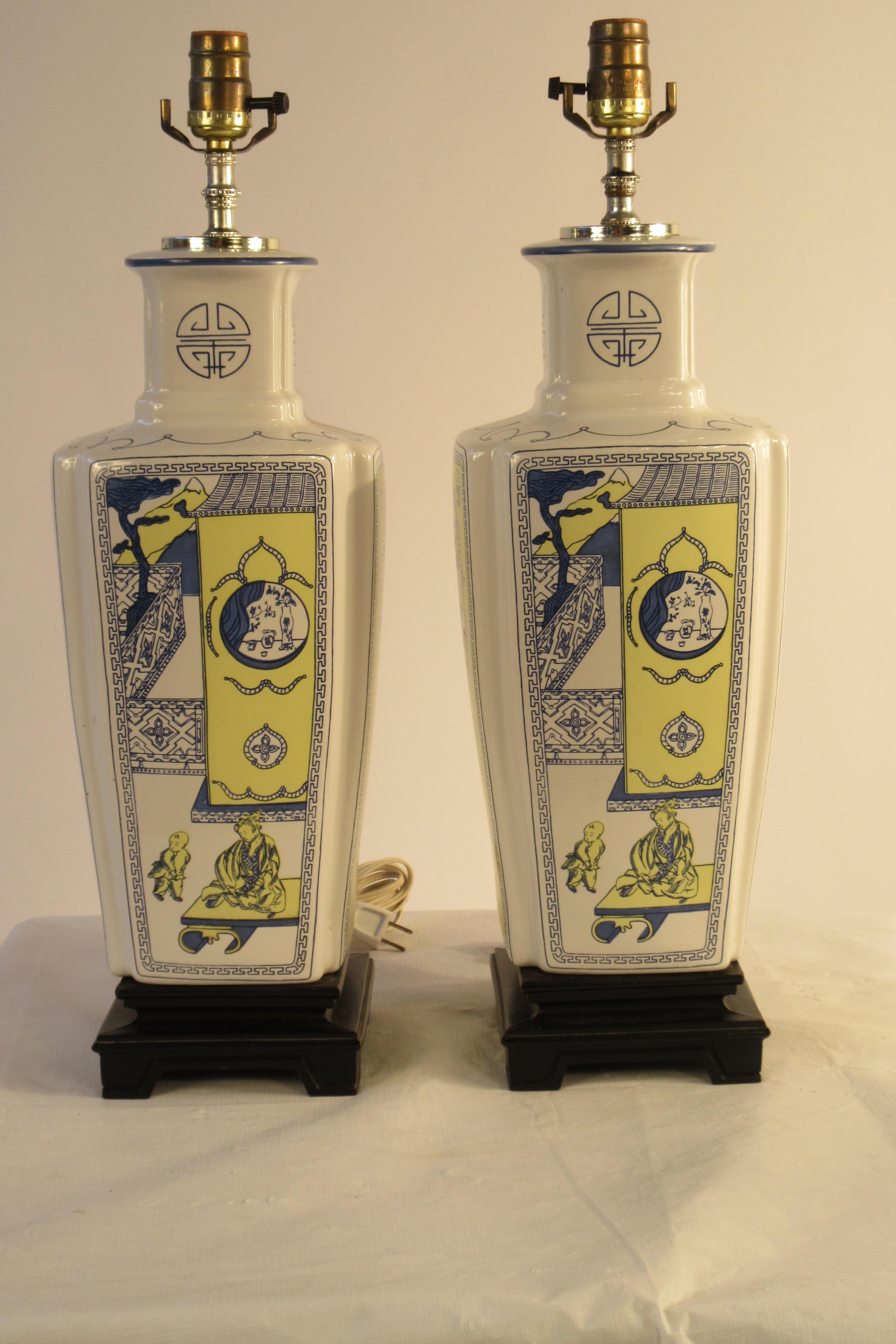 Pair of 1960s Asian Ceramic Lamps on Wood Base In Good Condition For Sale In Tarrytown, NY