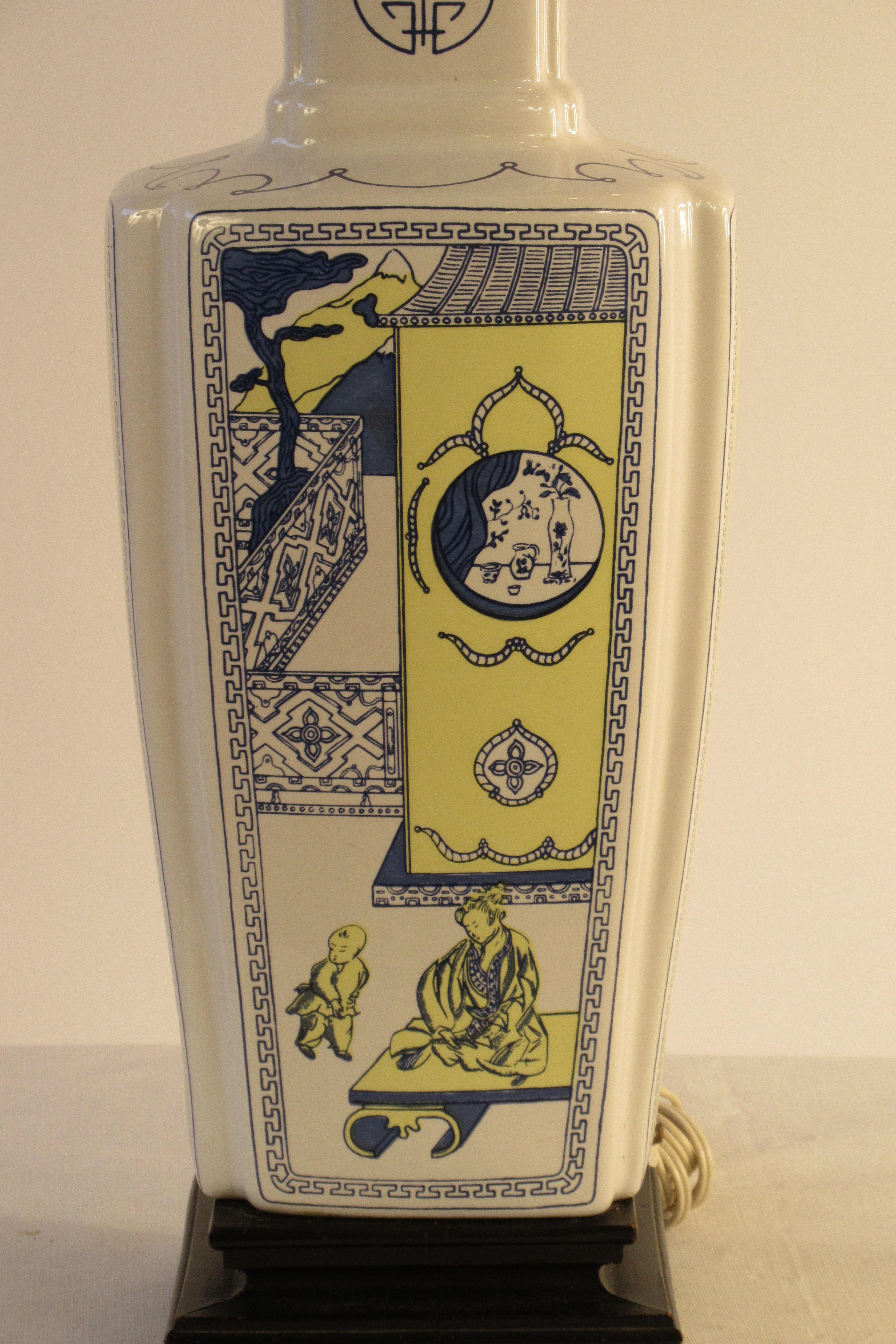 Paire de lampes asiatiques en céramique des années 1960 sur socle en bois en vente 4
