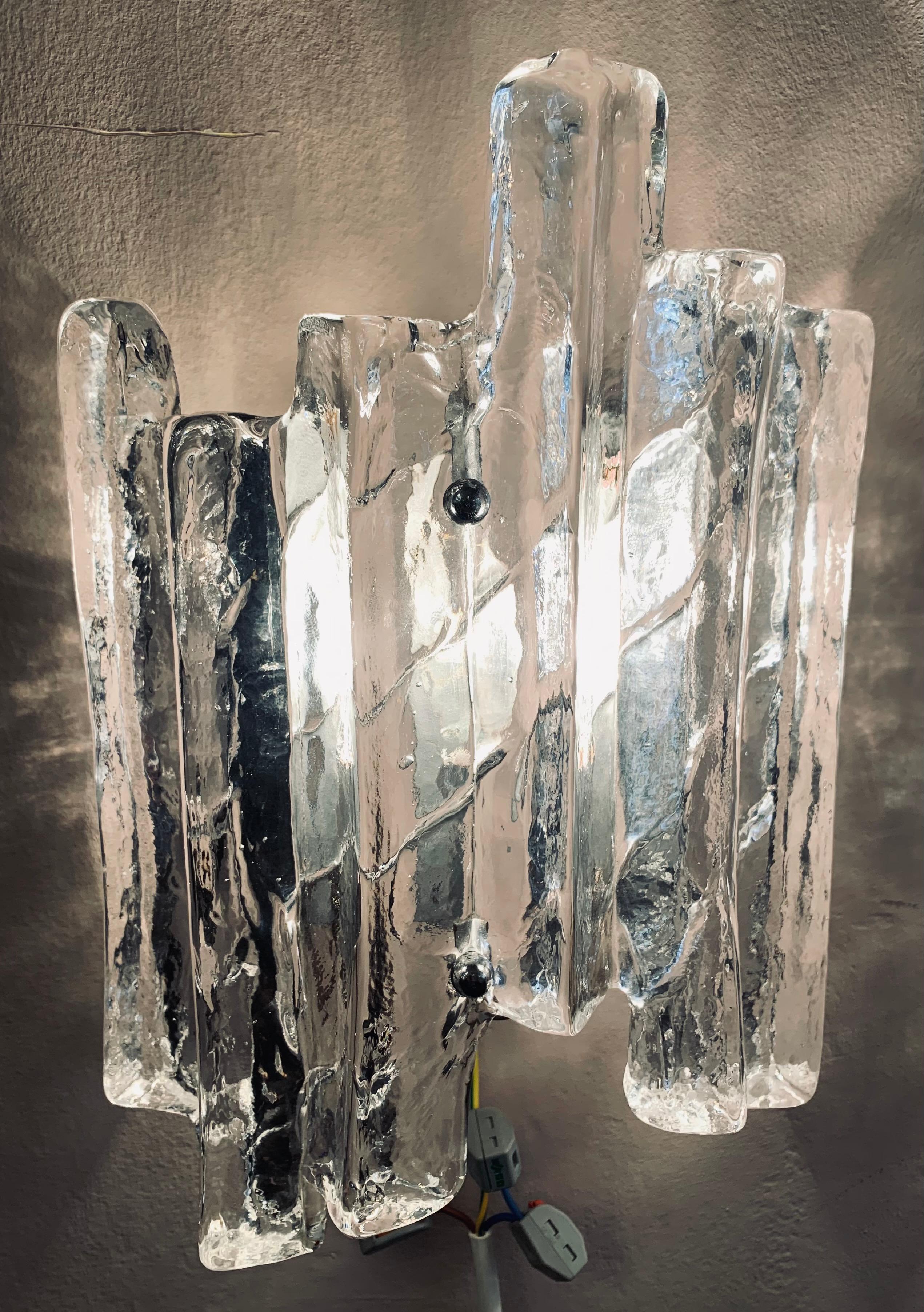 Mid-Century Modern Pair of 1960s Austrian J.T Kalmar Iced Glass Wall Sconces for Kalmar Lighting