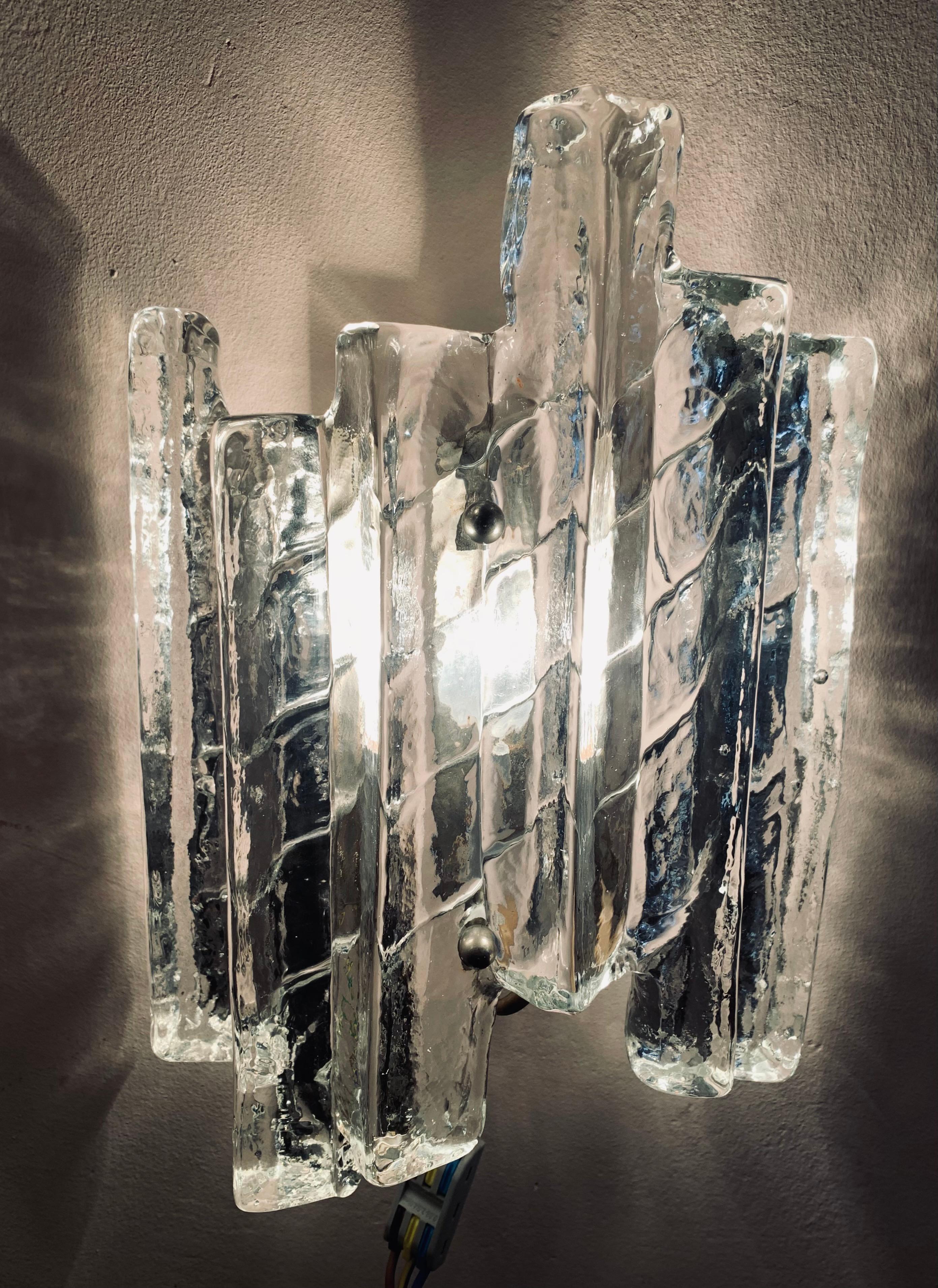 Frosted Pair of 1960s Austrian J.T Kalmar Iced Glass Wall Sconces for Kalmar Lighting