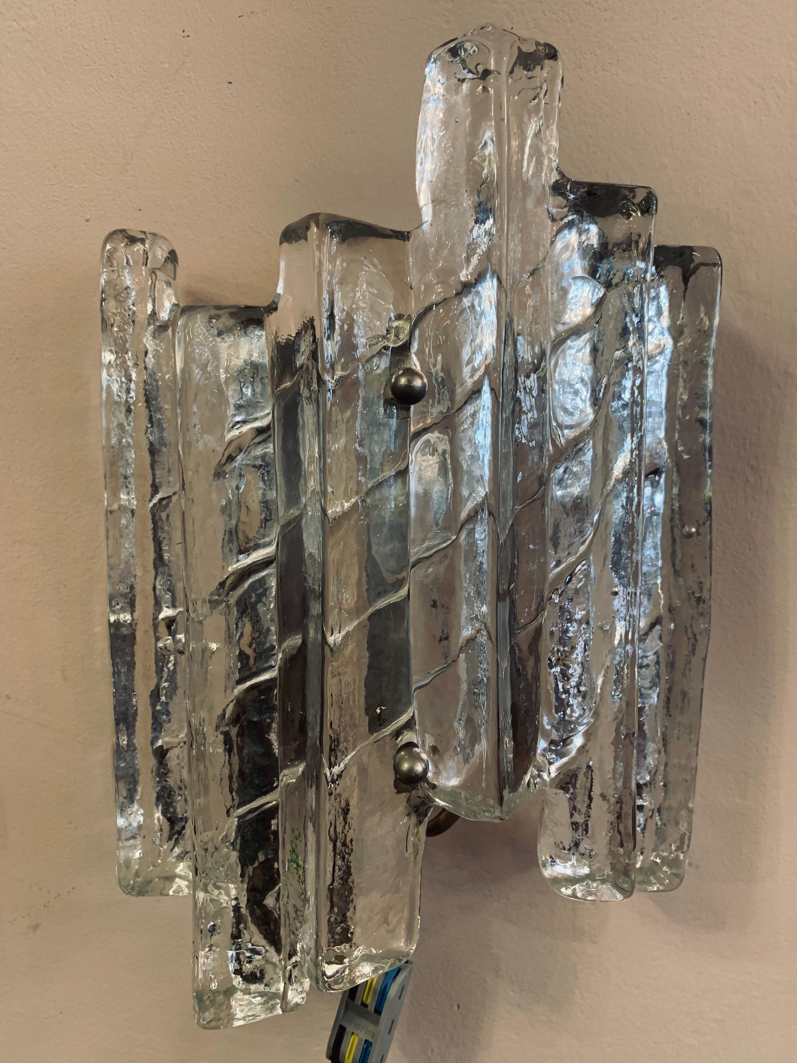 Pair of 1960s Austrian J.T Kalmar Iced Glass Wall Sconces for Kalmar Lighting 1