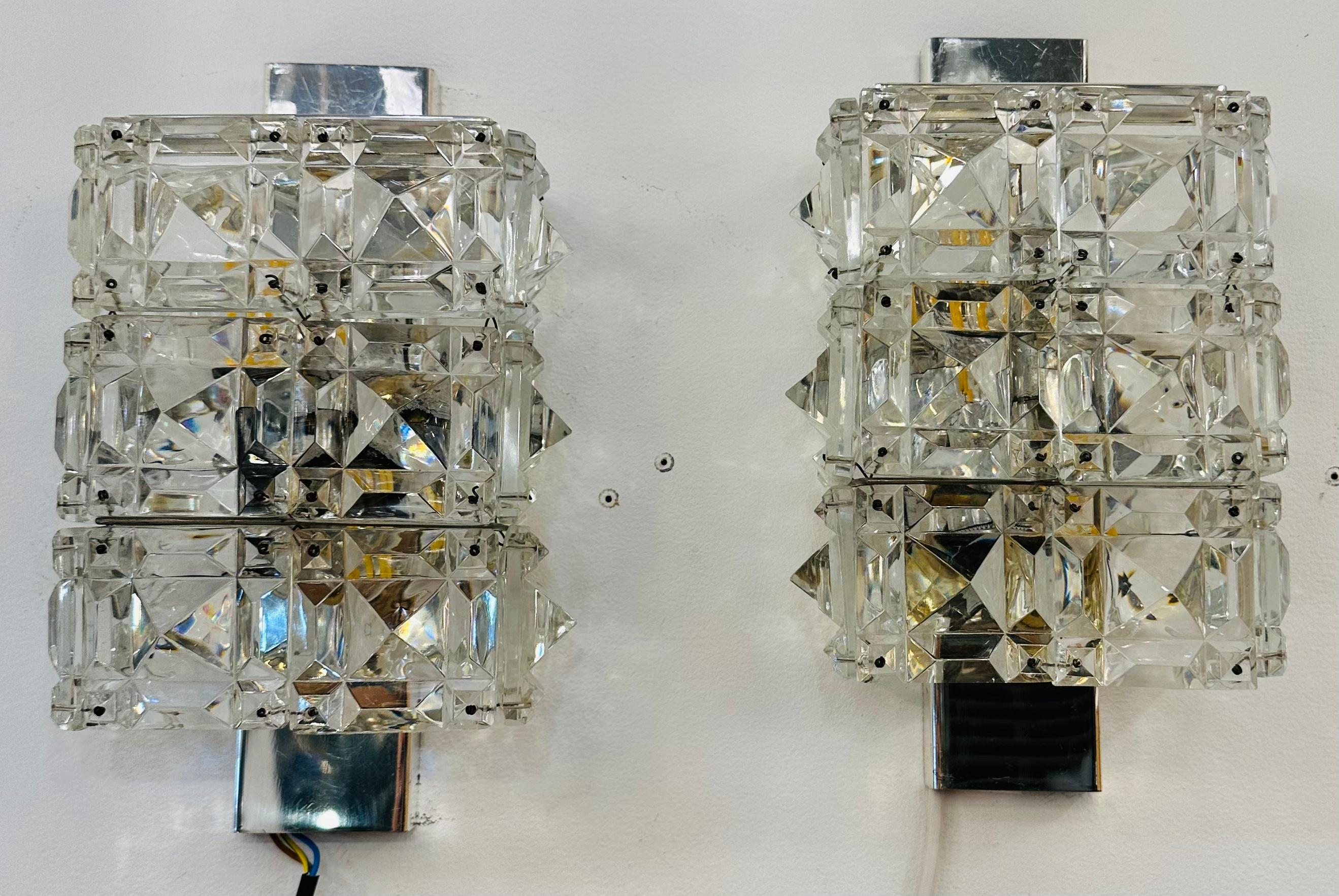 Pair of 1960s Austrian Kinkeldey Prism Faceted Crystal & Chrome Wall Sconces For Sale 8