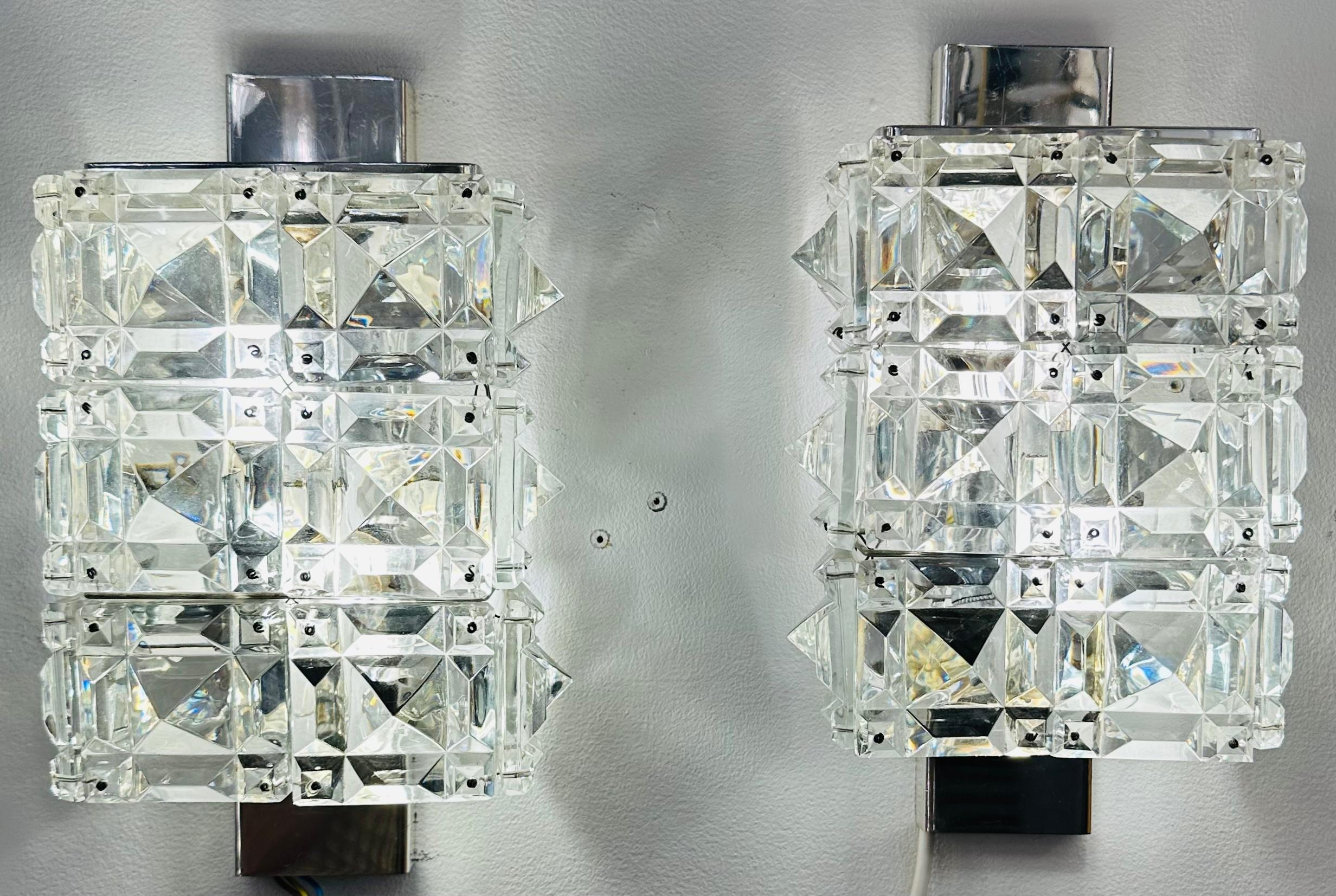 Mid-Century Modern Pair of 1960s Austrian Kinkeldey Prism Faceted Crystal & Chrome Wall Sconces For Sale