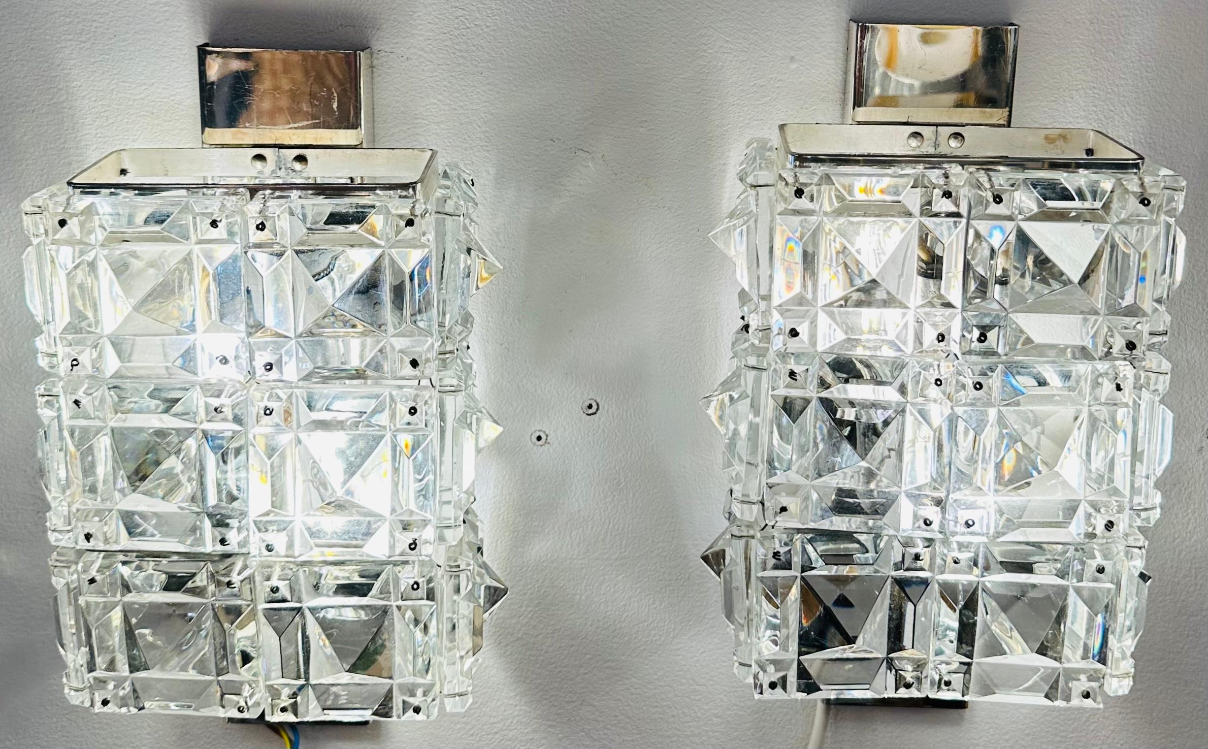Polished Pair of 1960s Austrian Kinkeldey Prism Faceted Crystal & Chrome Wall Sconces For Sale