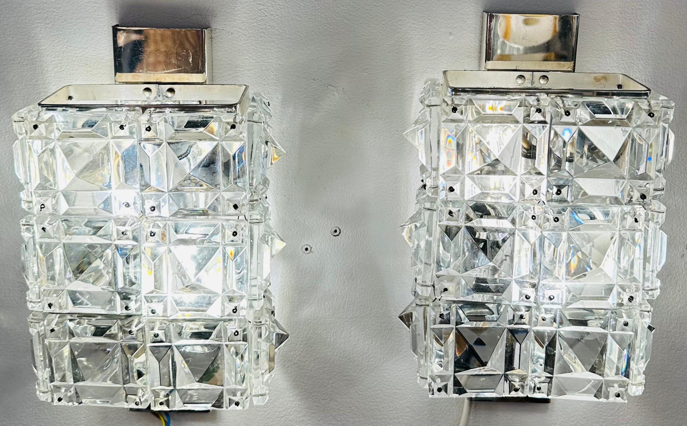 Hand-Crafted Pair of 1960s Austrian Kinkeldey Prism Faceted Crystal & Chrome Wall Sconces For Sale