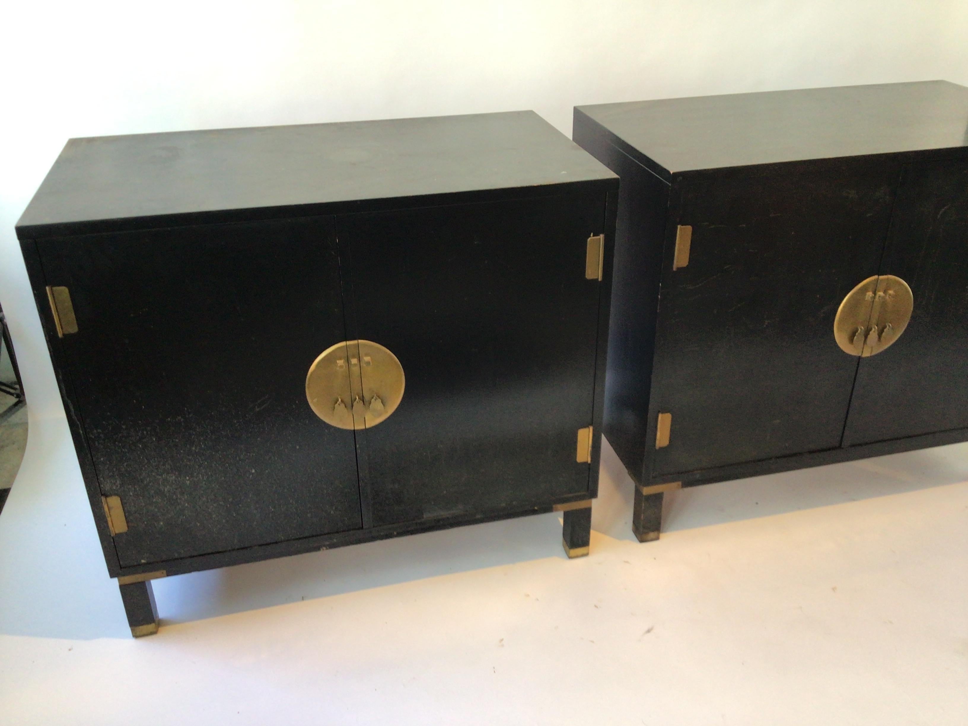 Pair of 1960s Asian chests by Milling Road Furniture by Baker. Brass hardware. Cabinets need repainting.