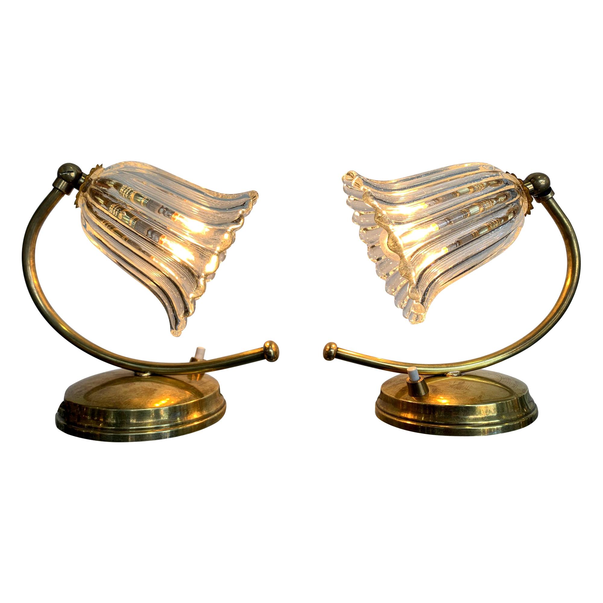 Pair of 1960s Barovier Style Italian Lamps with Glass Flower Shaped Shades 