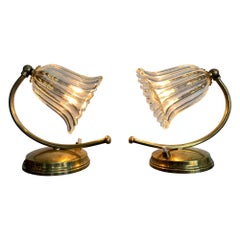 Pair of 1960s Barovier Style Italian Lamps with Glass Flower Shaped Shades 
