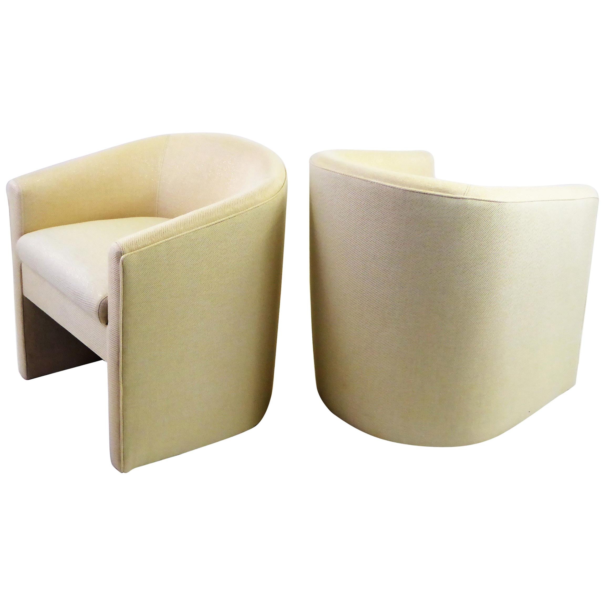 Pair of 1960s Barrel Back Tub Chairs in White and Gold Weave