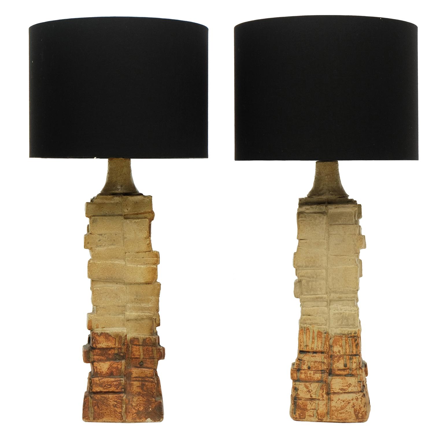 English Pair of 1960s Bernard Rooke Sculptural Pottery Table Lamps Ceramic For Sale
