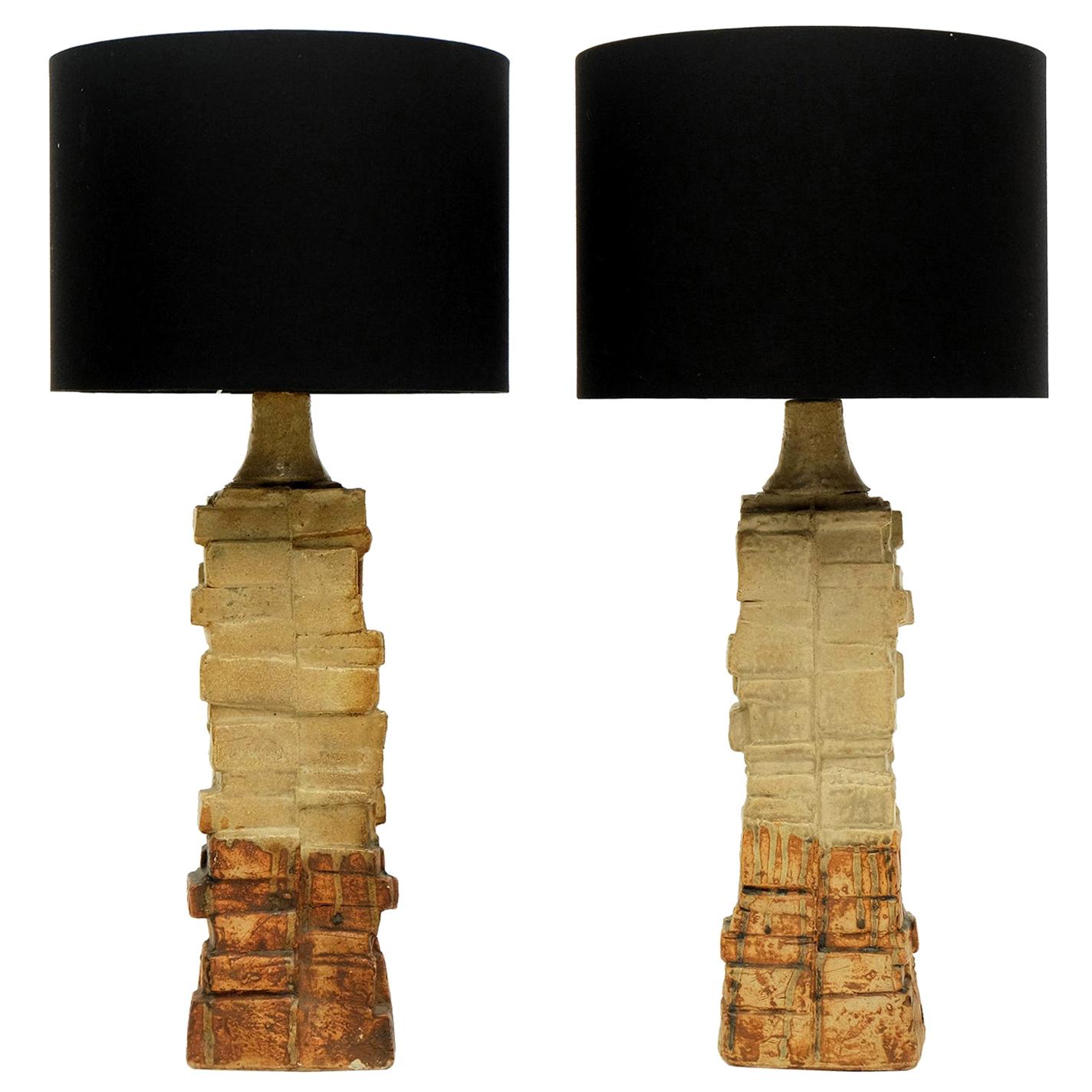 Pair of 1960s Bernard Rooke Sculptural Pottery Table Lamps Ceramic For Sale