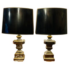 Pair of 1960s Bitossi Style Ceramic Silver & Gold Glazed Table Lamps Inc Shades