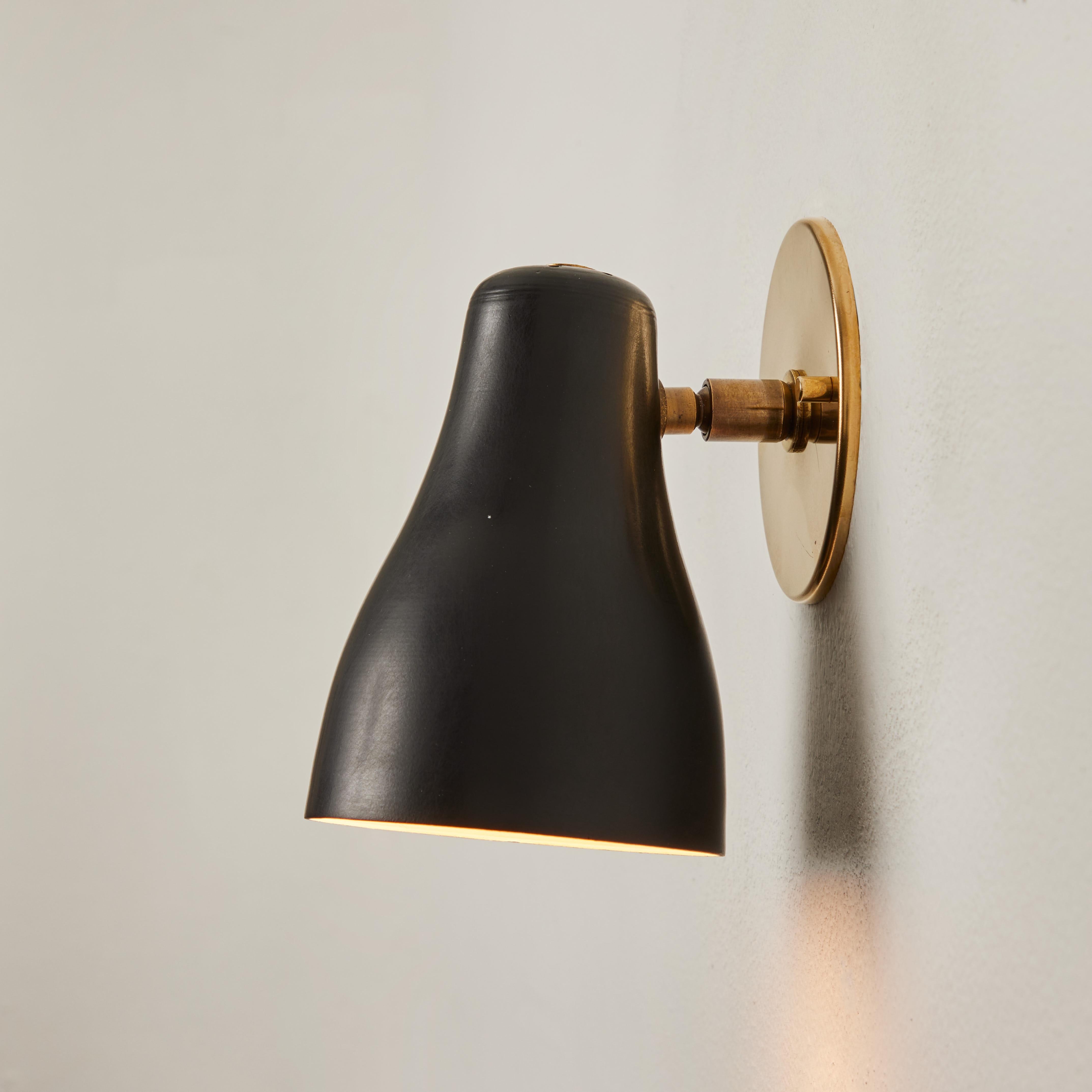 Painted Pair of 1960s Black & Brass Wall Lamps Attributed to Jacques Biny For Sale
