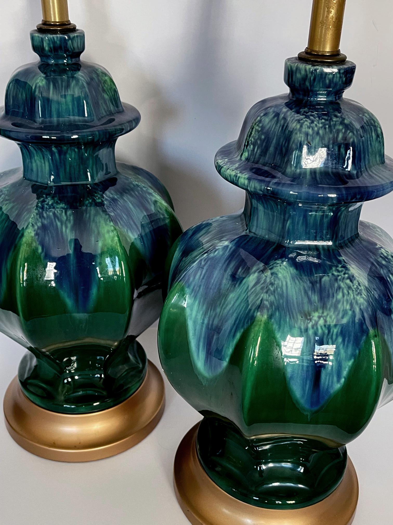 Each of ginger jar form with scalloped octagonal body; all in a richly-colored blue and green drip glaze.