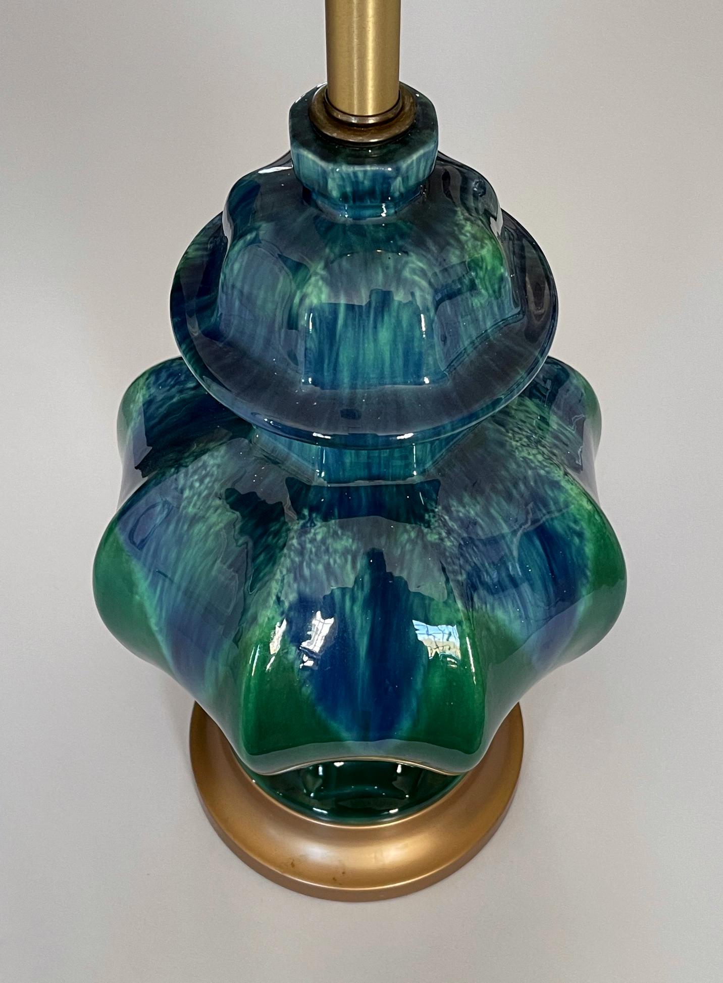 Mid-Century Modern Pair of 1960's Blue and Green Drip-Glazed Octagonal Ginger Jar Lamps For Sale